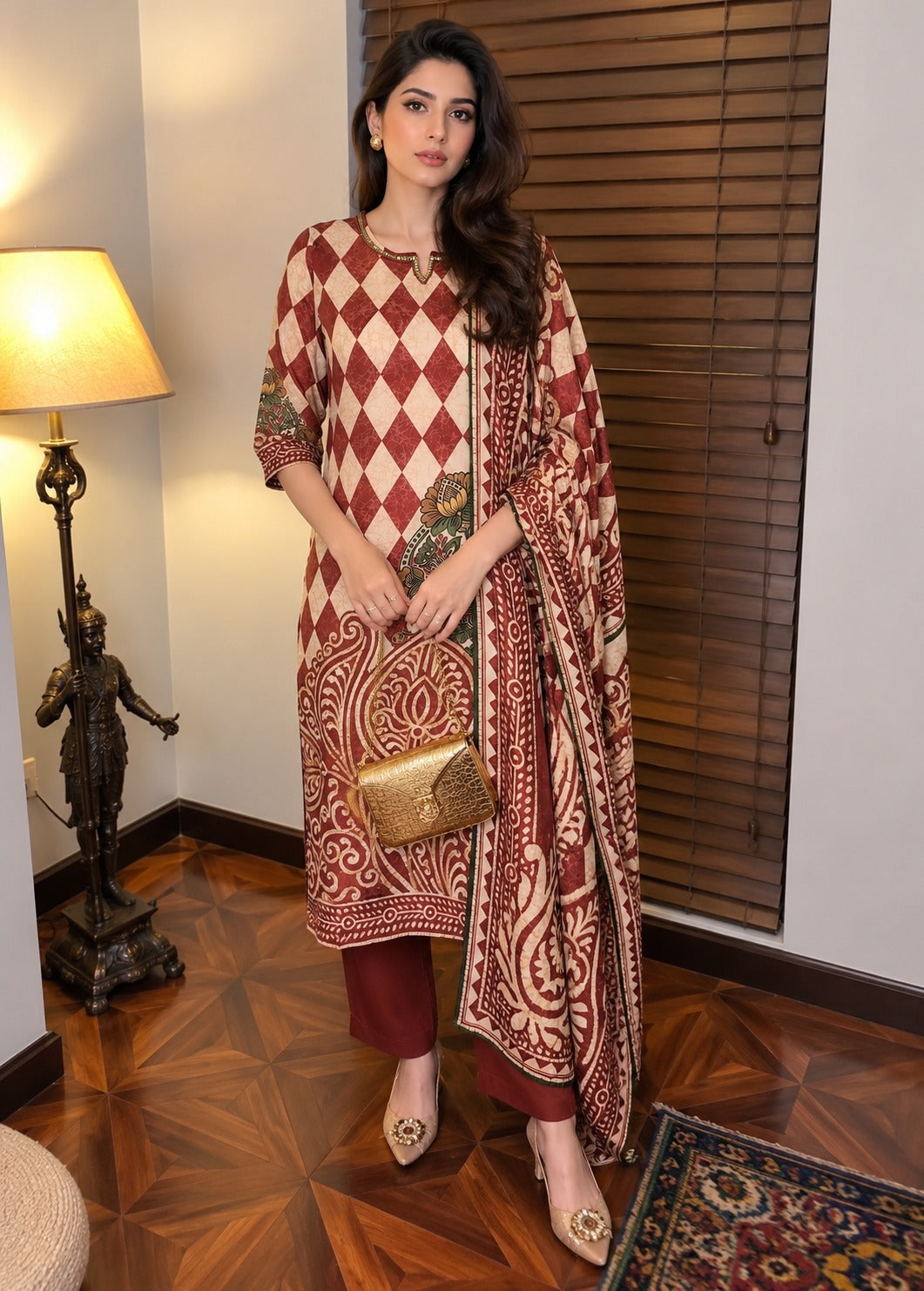 Rust Beige Printed Crepe Silk Suit Set