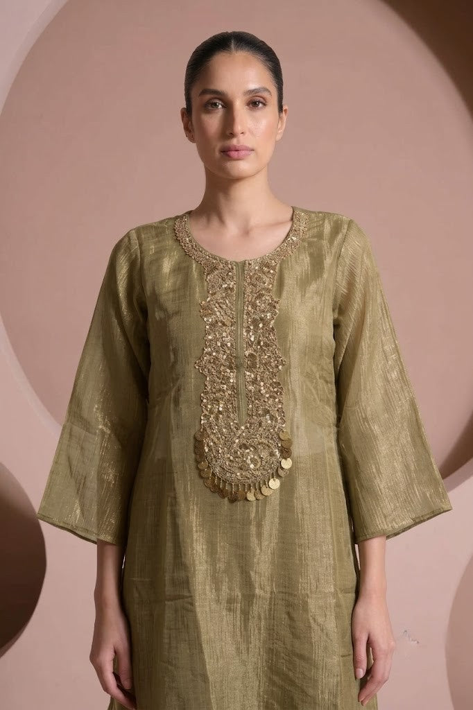 Champagne Sage Green Embellished Tissue Silk Co-Ord Set