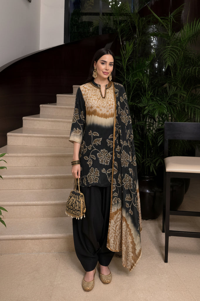 Onyx Printed Pure Crepe Silk Farshi Salwar Set