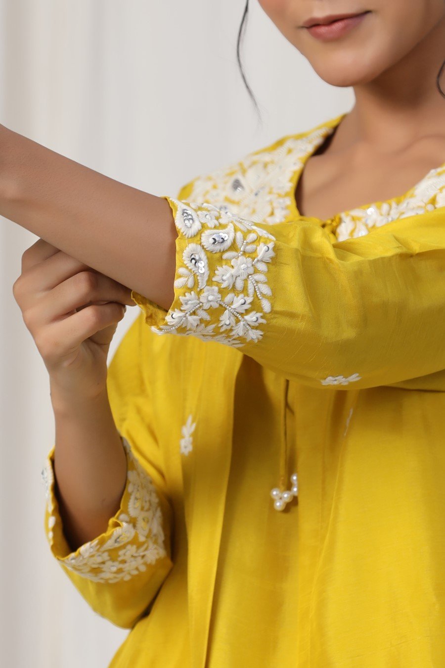 Yellow Floral Embroidered Cape Tunic with Cape