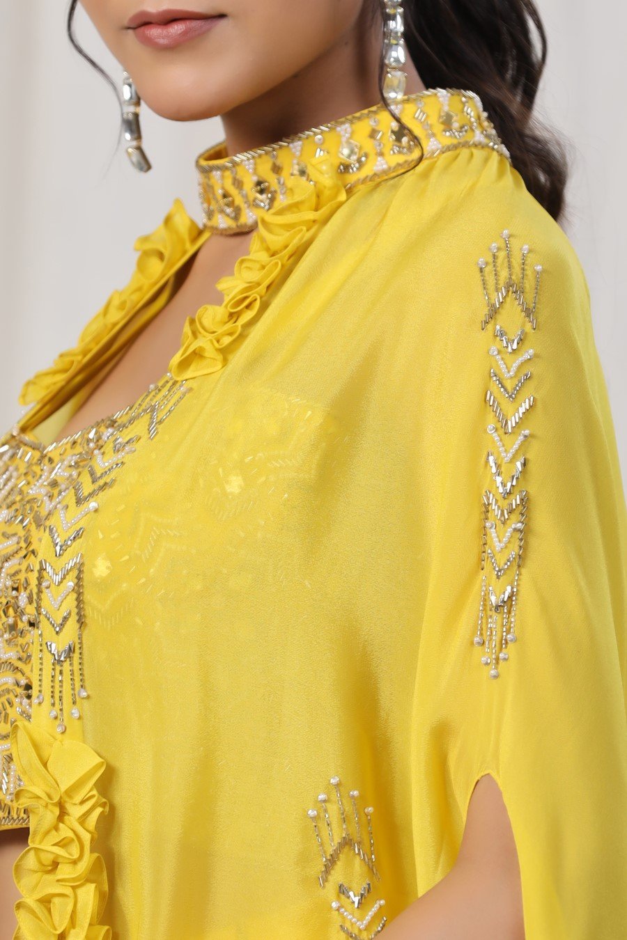 Yellow Embellished Spanish Silk Skirt Top with Cape