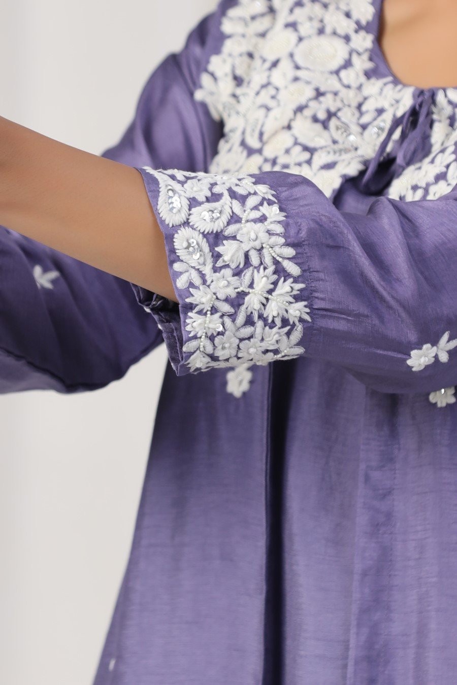 Purple Floral Embroidered Cape Tunic with Cape