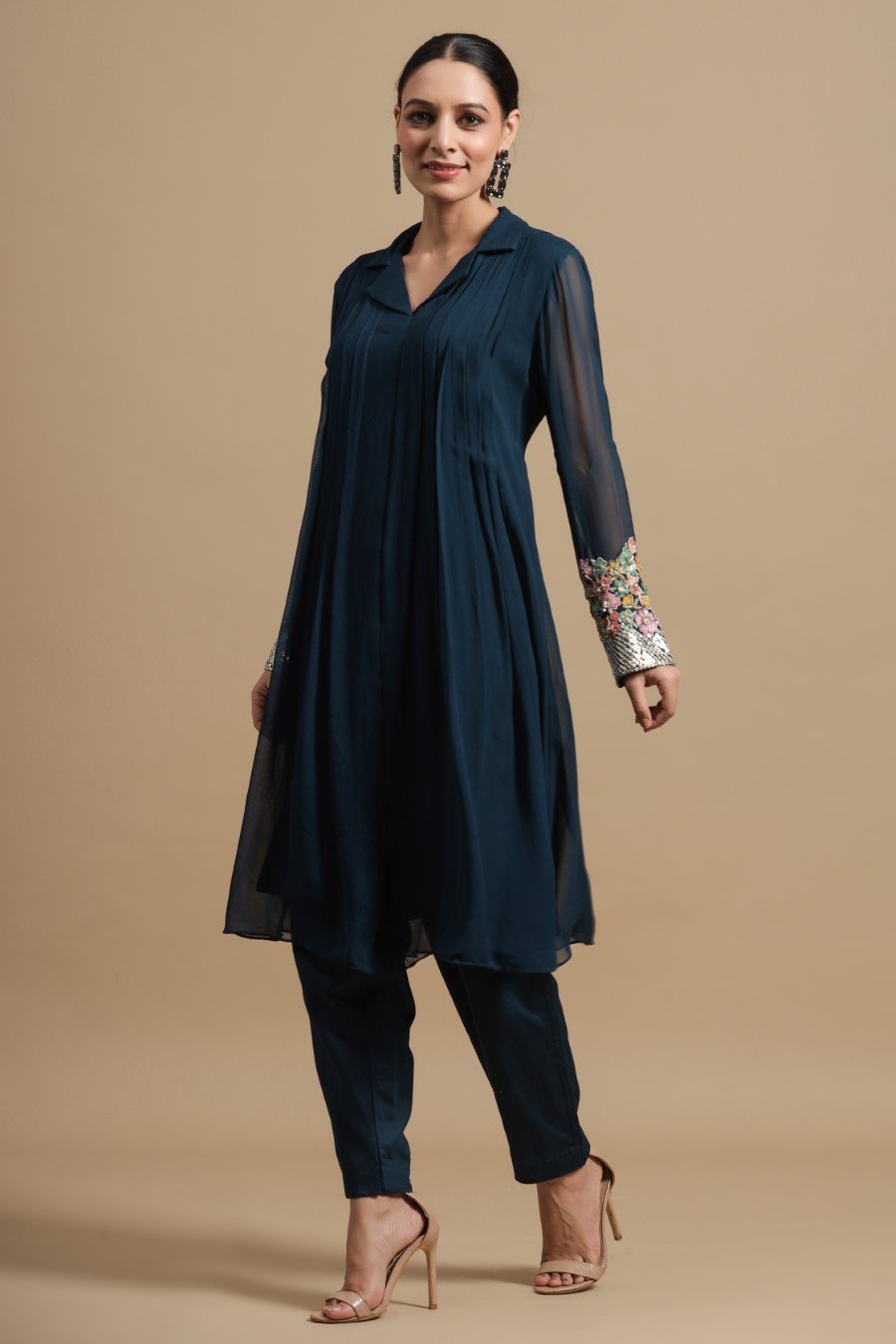 Teal Blue Embellished &amp; Pleared Tunic with Pants