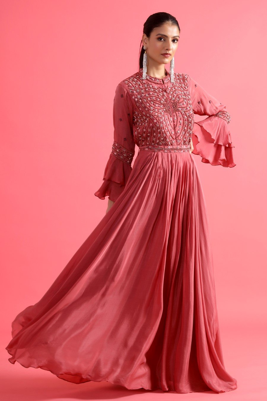 Mulberry Pink Embellished Chinon Silk Gown
