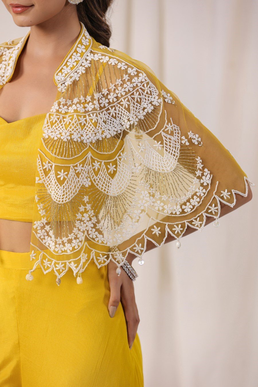 Yellow Embellished Cape with Crop Top & Palazzo