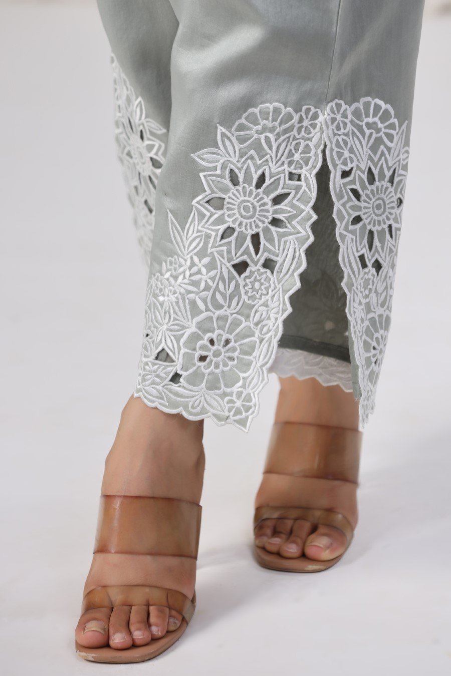 Powder Grey Embroidered Lotus Silk Co-ord Set
