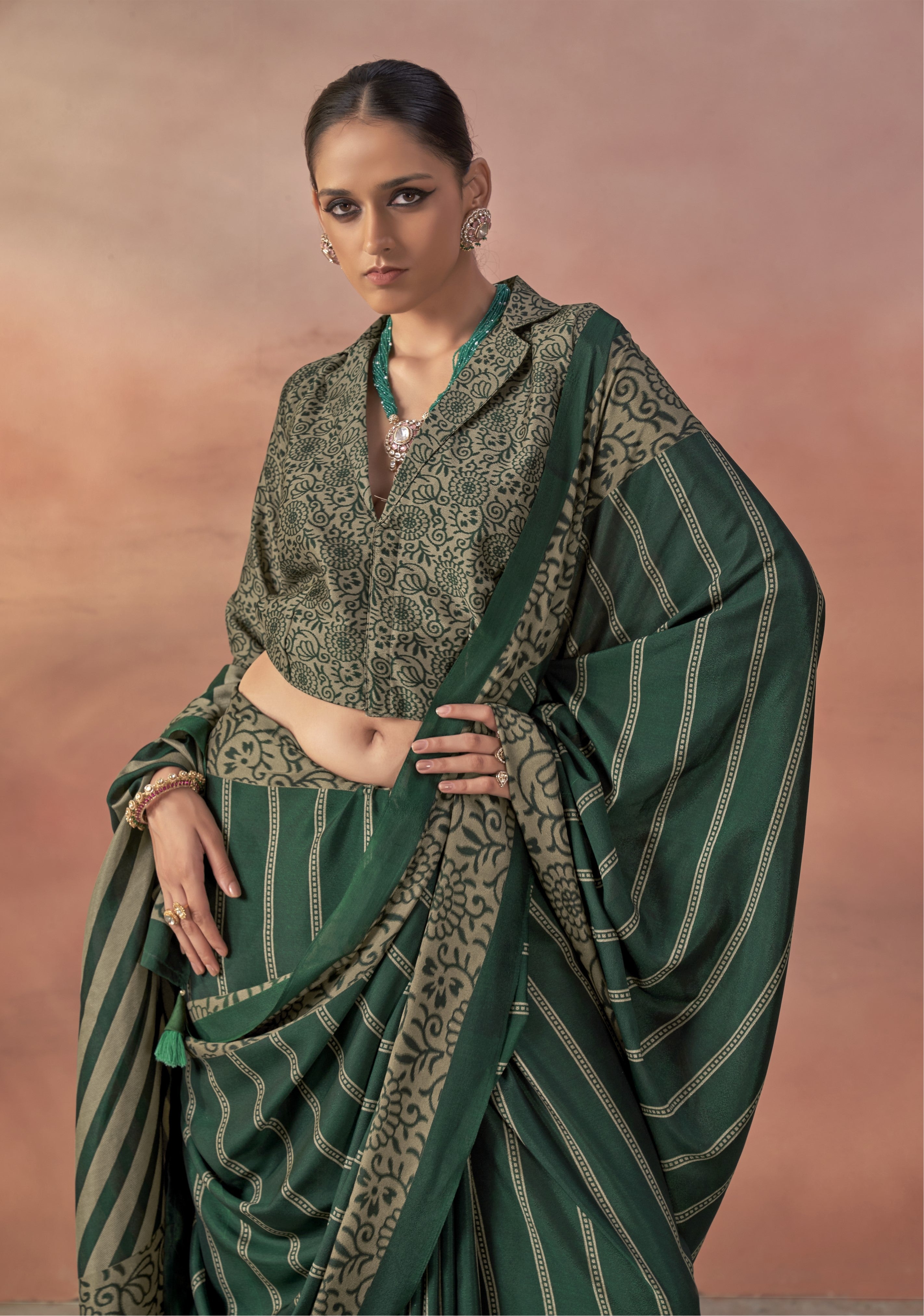 Emerald Green Printed Crepe Silk Saree