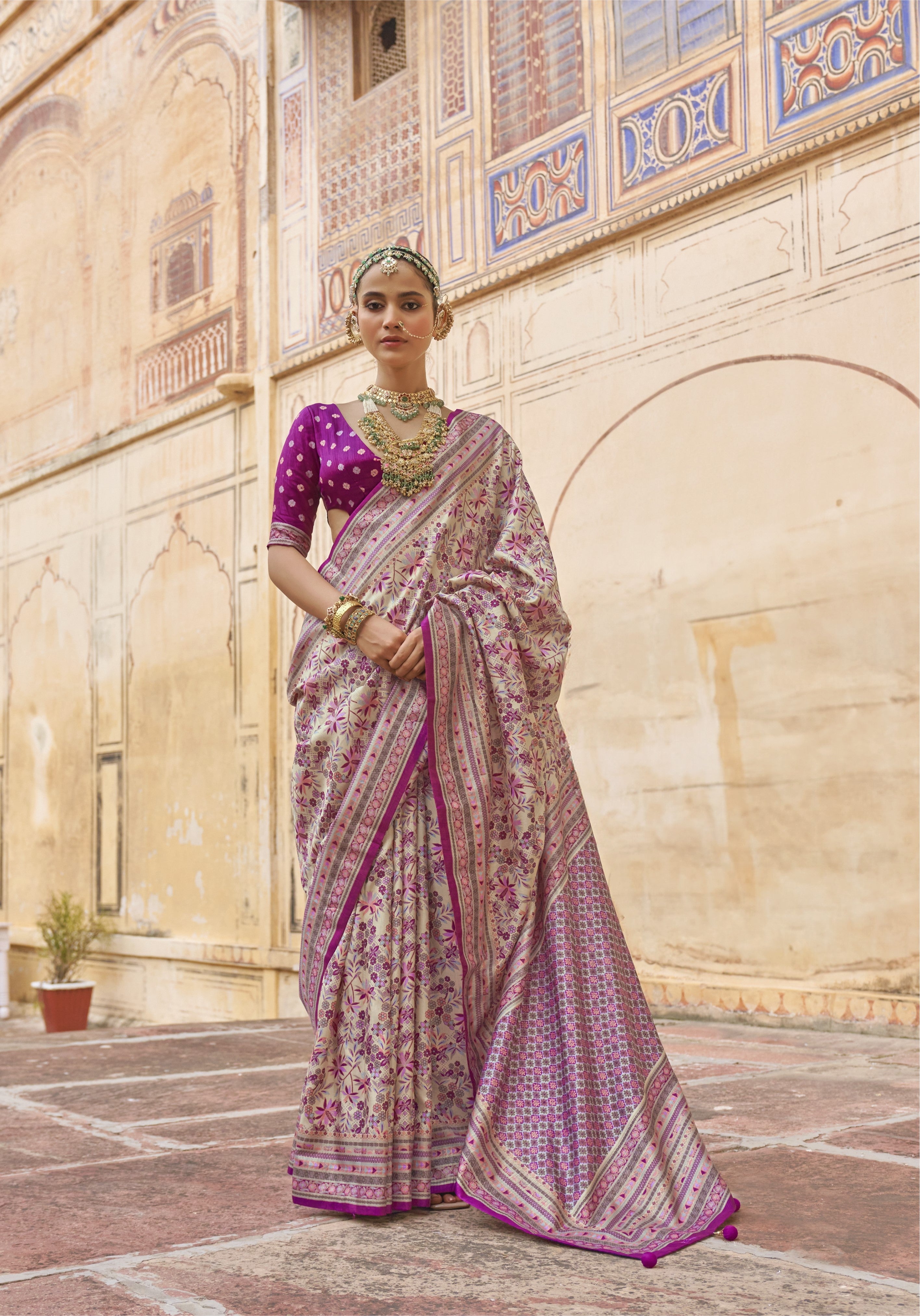Silver Grey Printed Premium Silk Saree