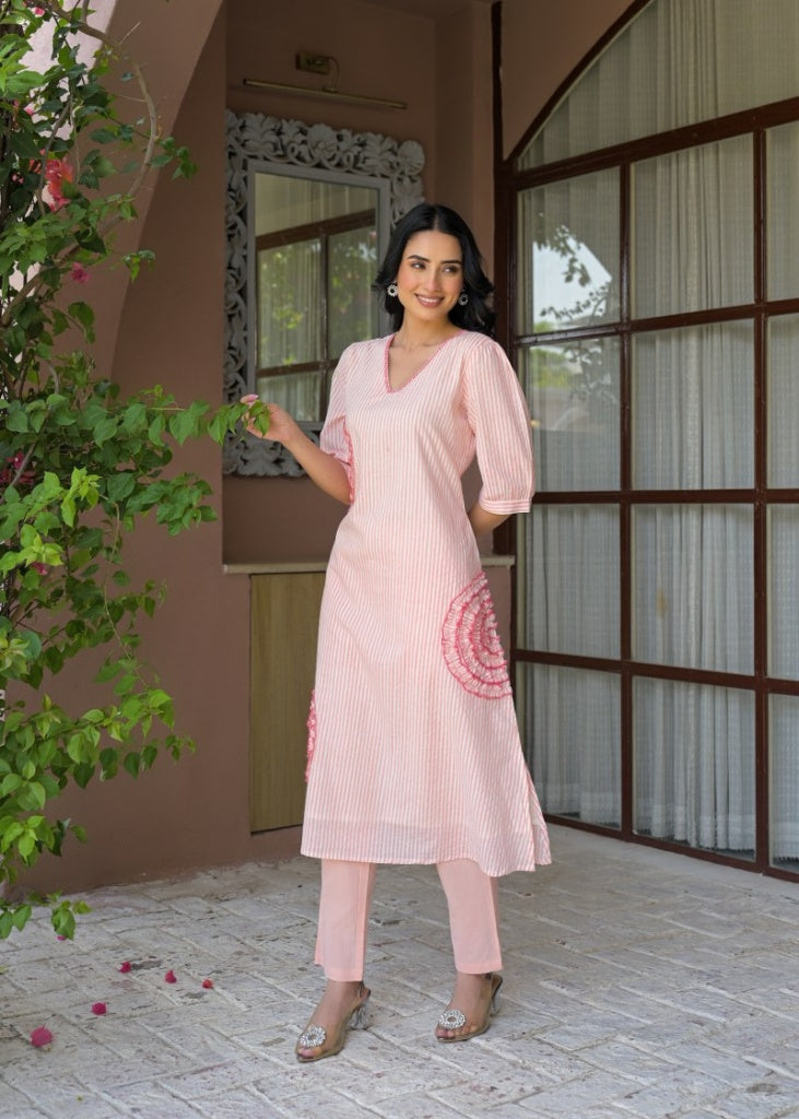 Peach & White Printed Cotton Kurta Set