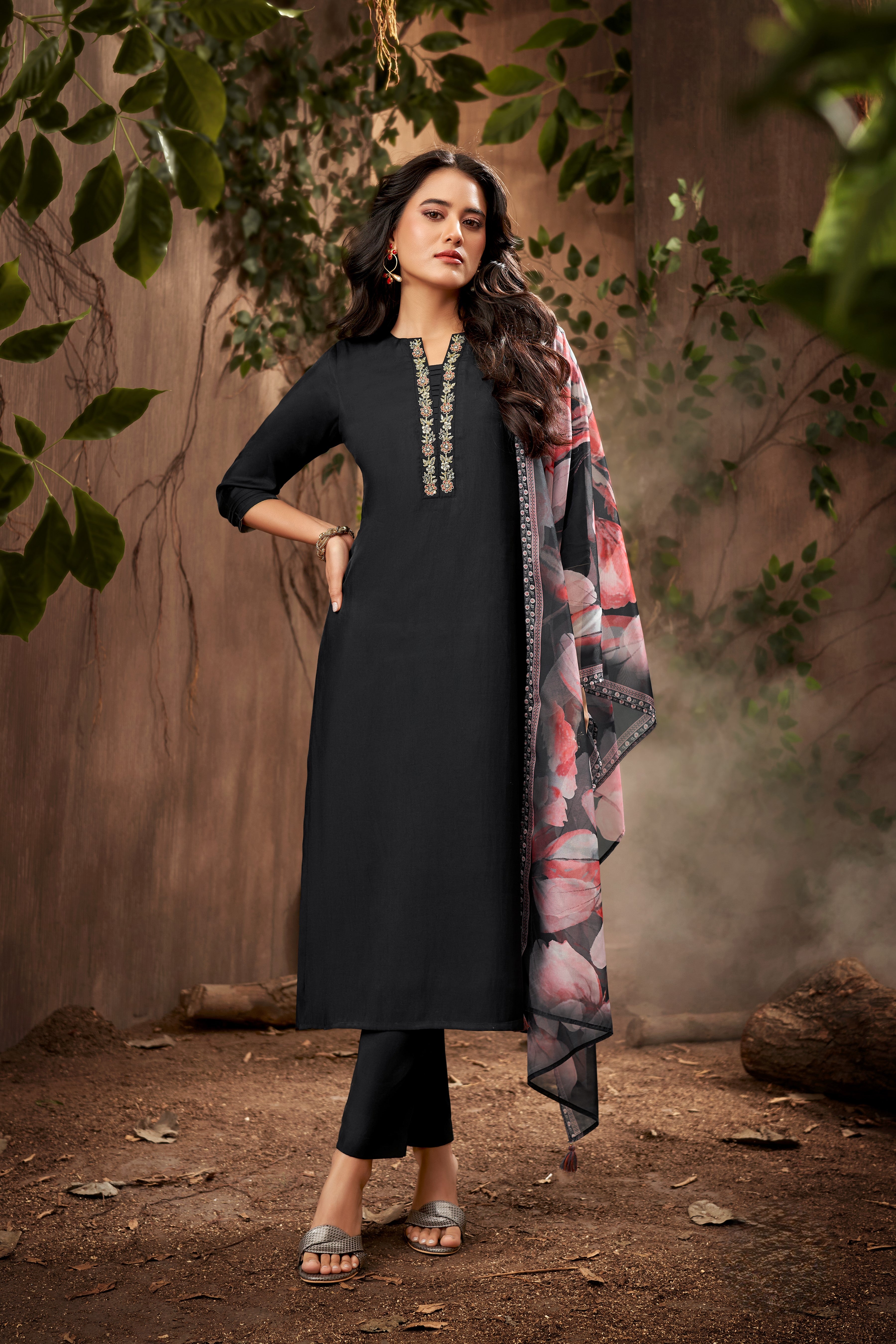 Twilight Black Printed Premium Silk Pant Set