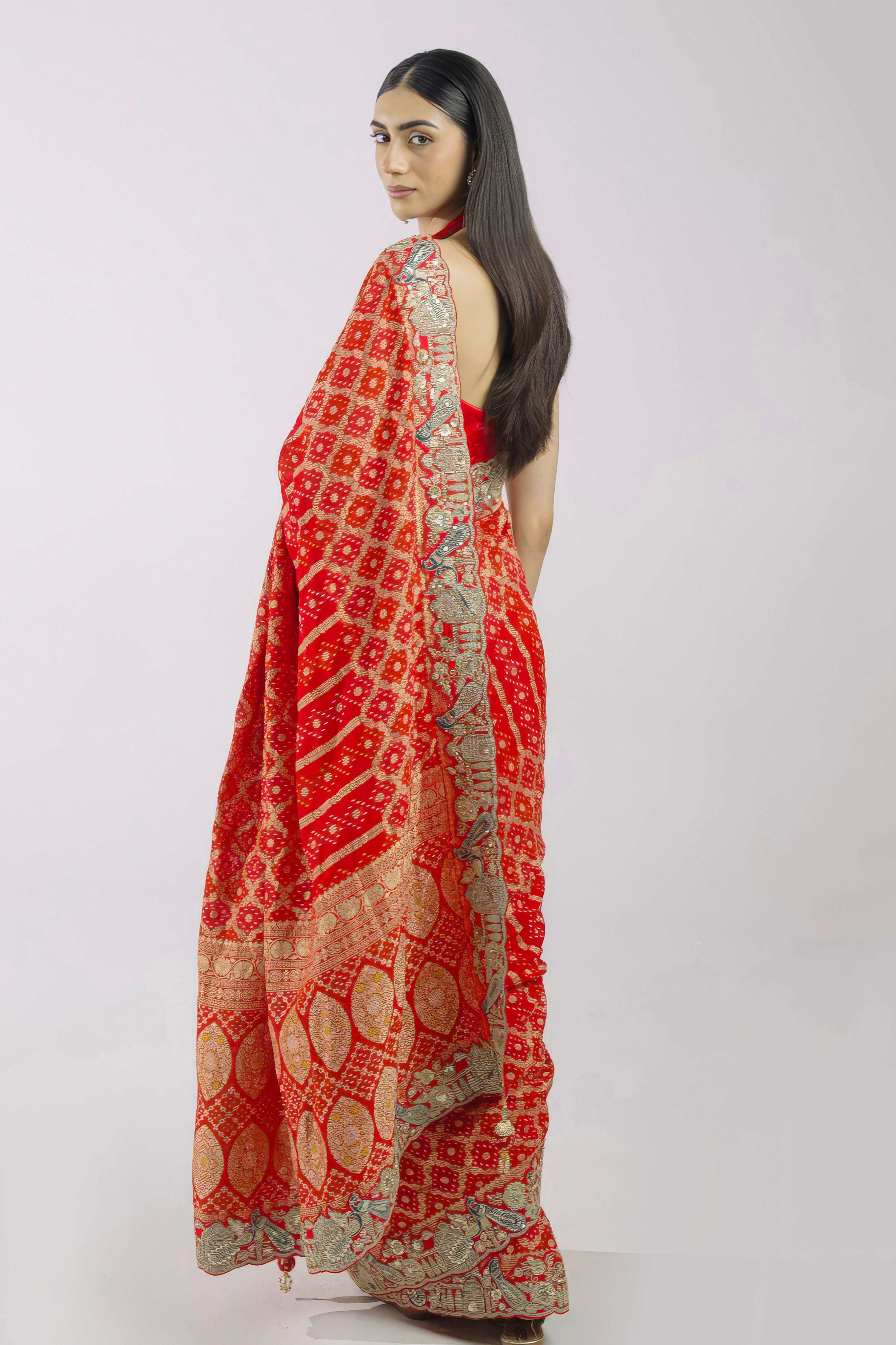 Bright Red Embellished Banarasi Silk Saree