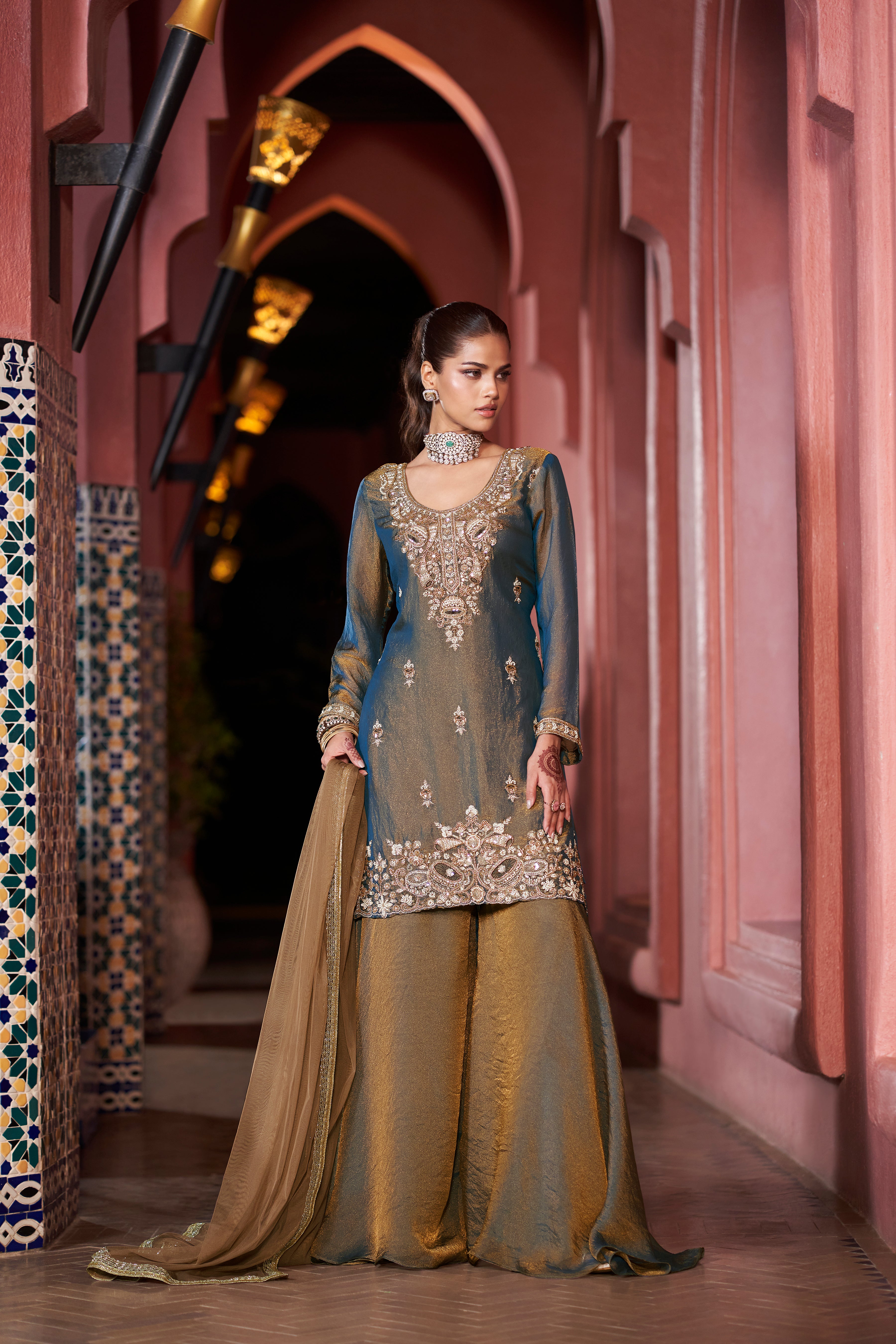 Oxidized Bronze Embellished Shimmer Tissue Silk Palazzo Set