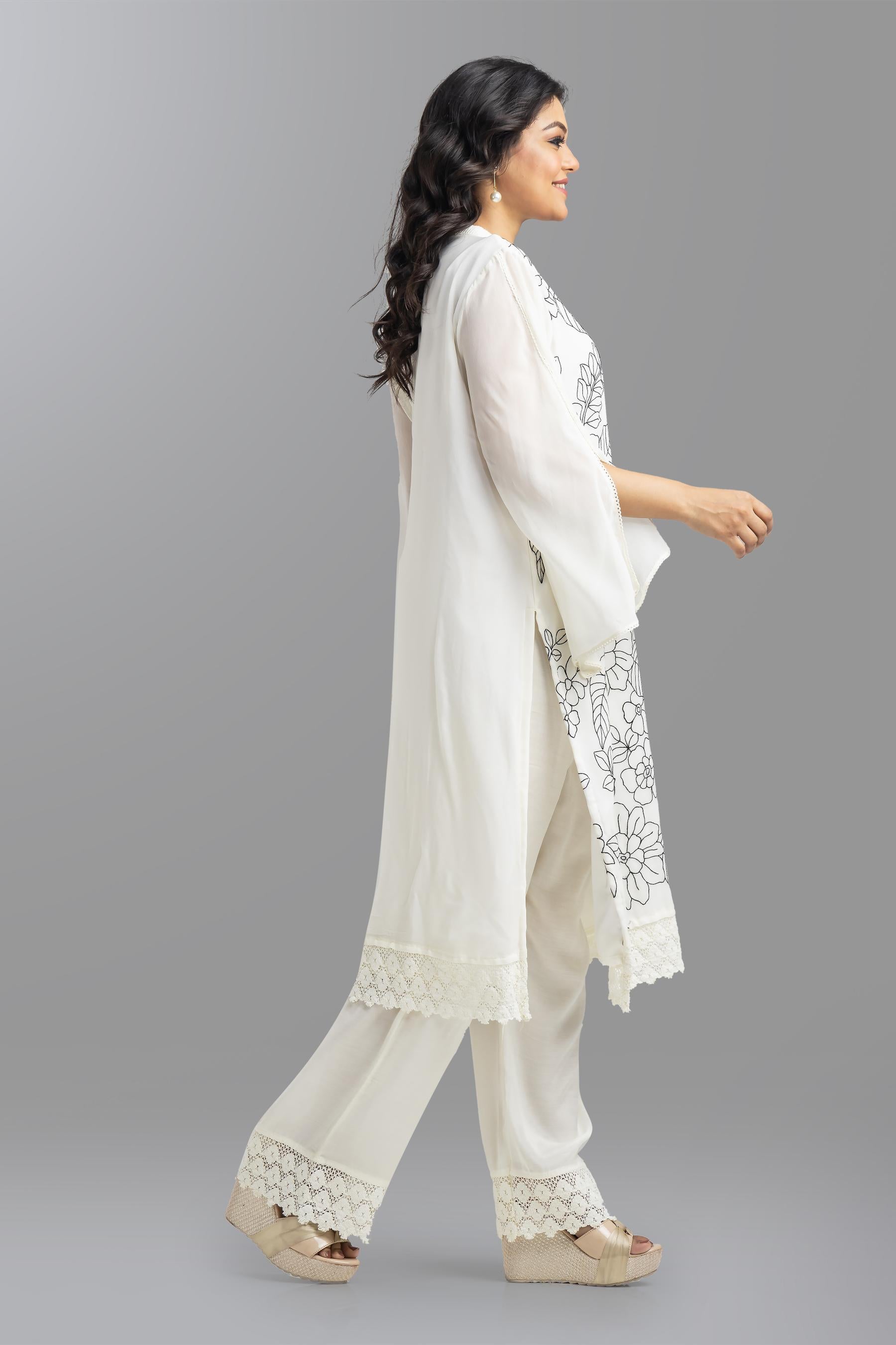 White Floral Embroidered Crystal Georgette Silk Pants Set