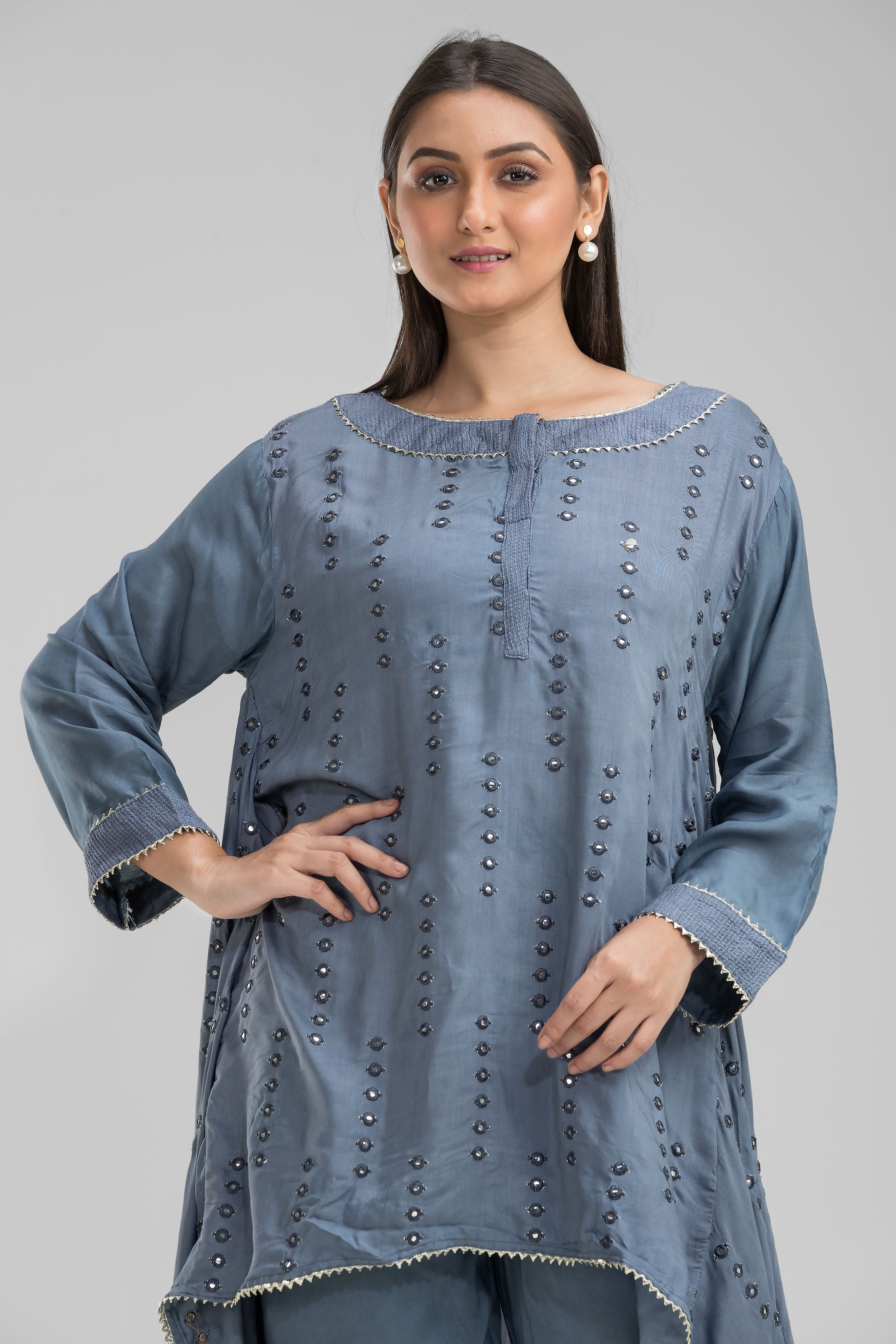 Grey Embroidered Muslin Silk Kurta Set