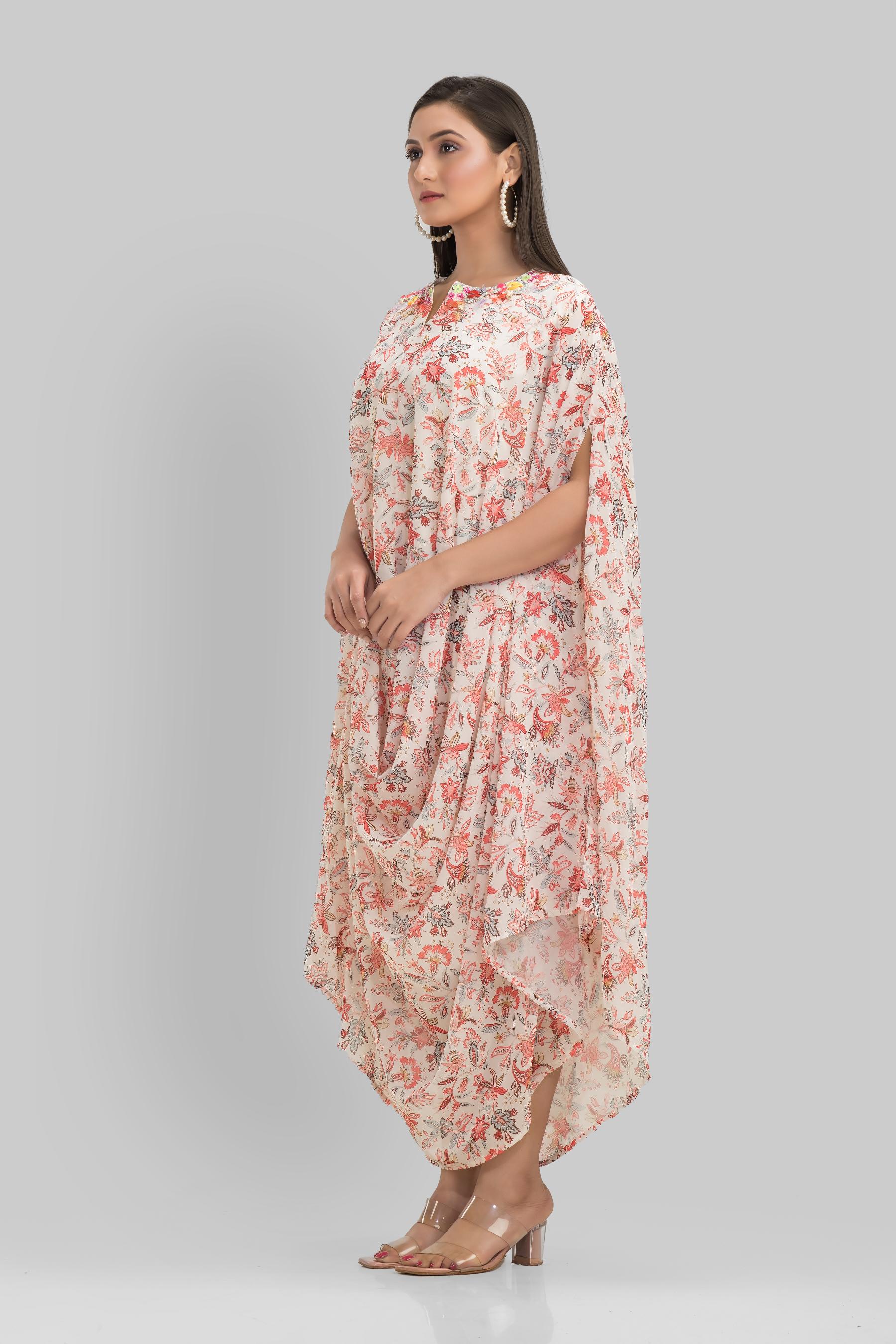 Off White Floral Printed Crystal Georgette Silk Kaftan Dress