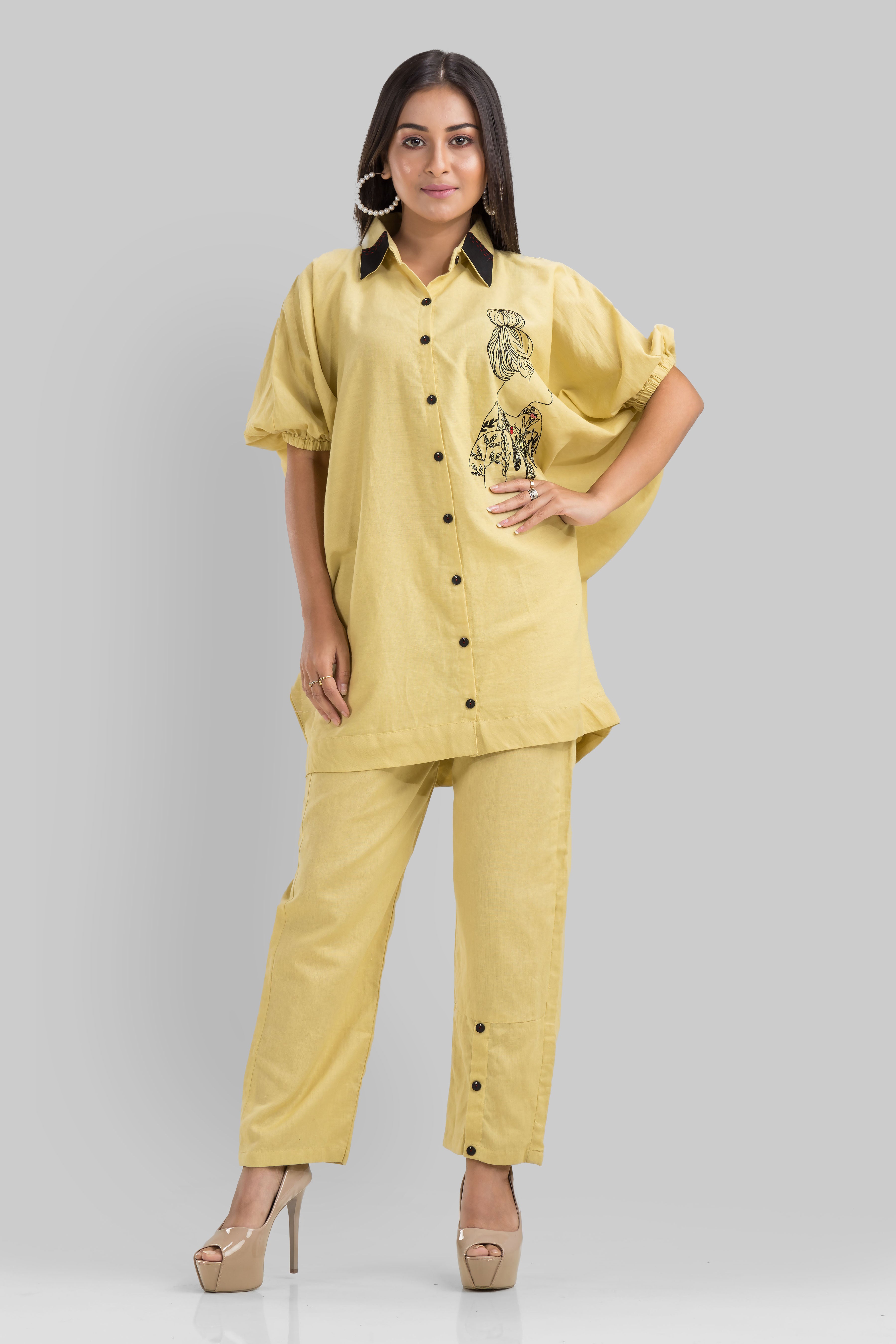 Pastel Yellow Embroidered Cotton Linen Co-ord Set