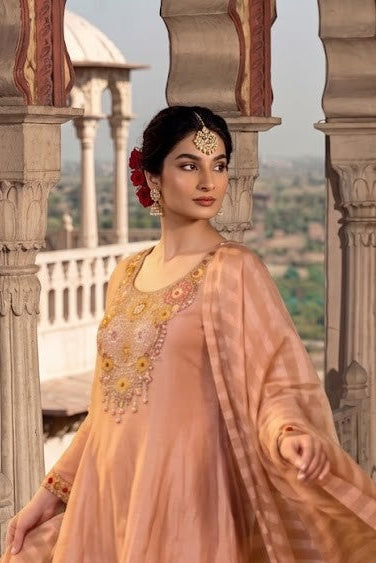 Peach Gold Embellished Shimmer Silk Palazzo Set