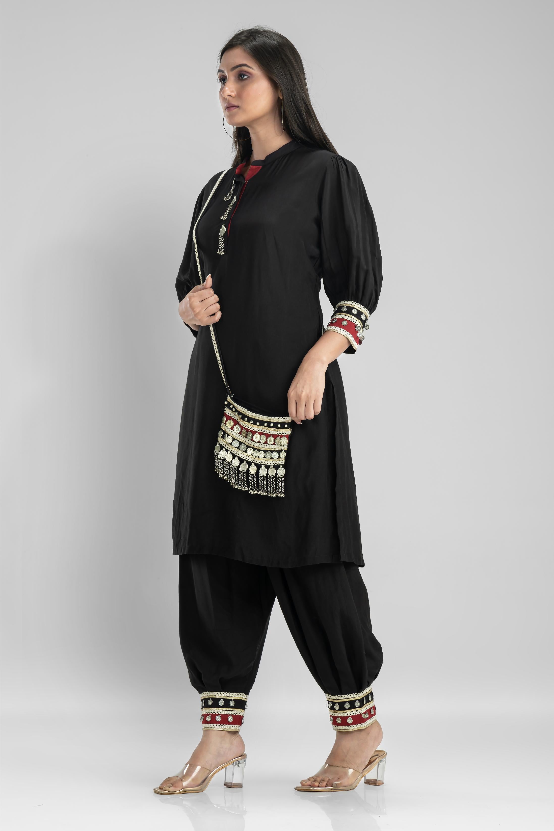 Black Embroidered Premium Silk Patiala Pants Set