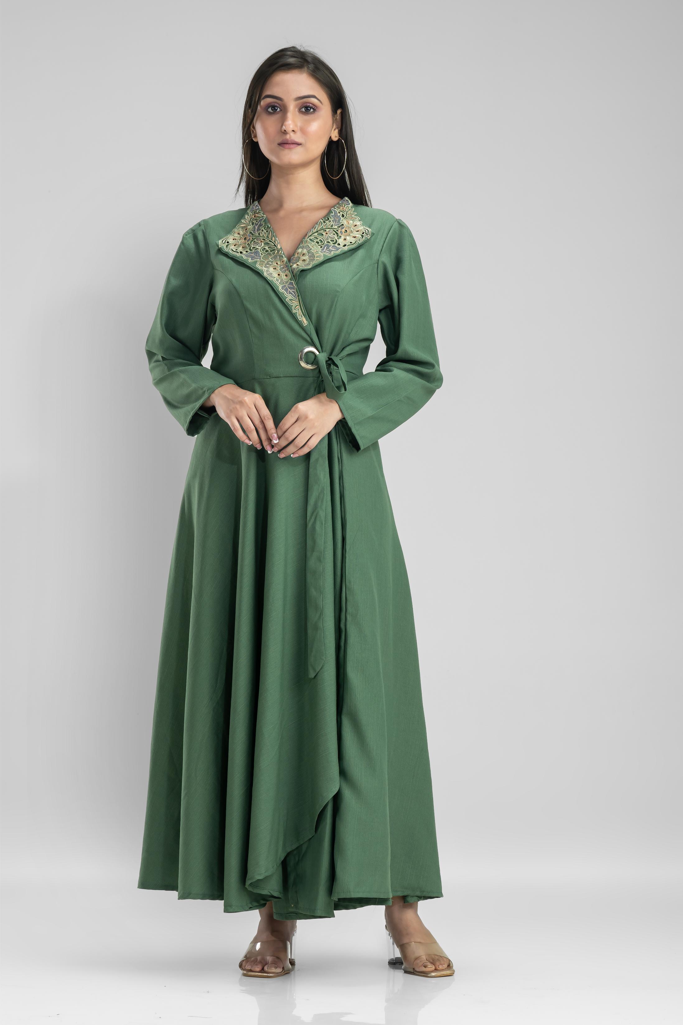 Fern Green Embellished Belgium Silk Draped Dress