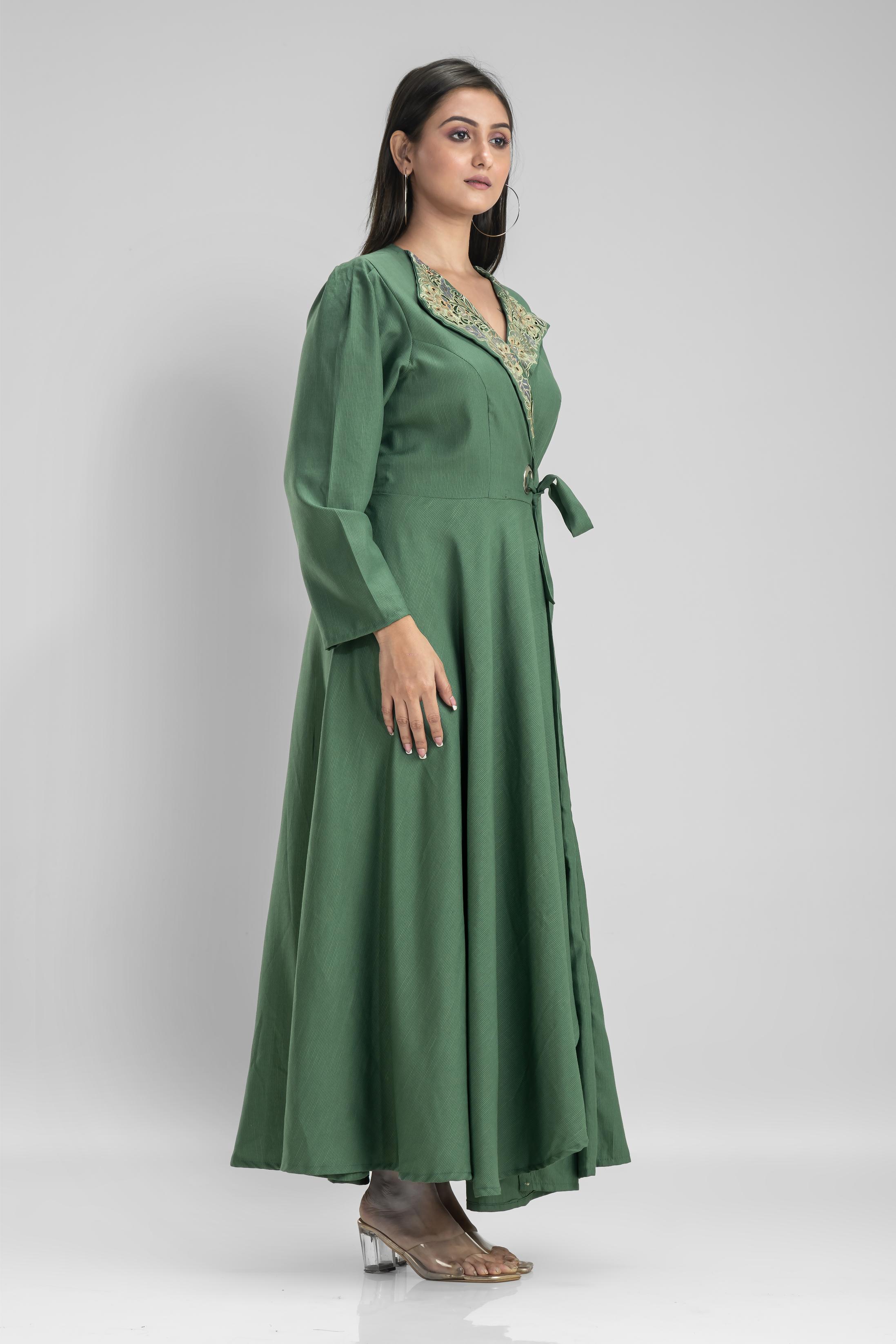Fern Green Embellished Belgium Silk Draped Dress