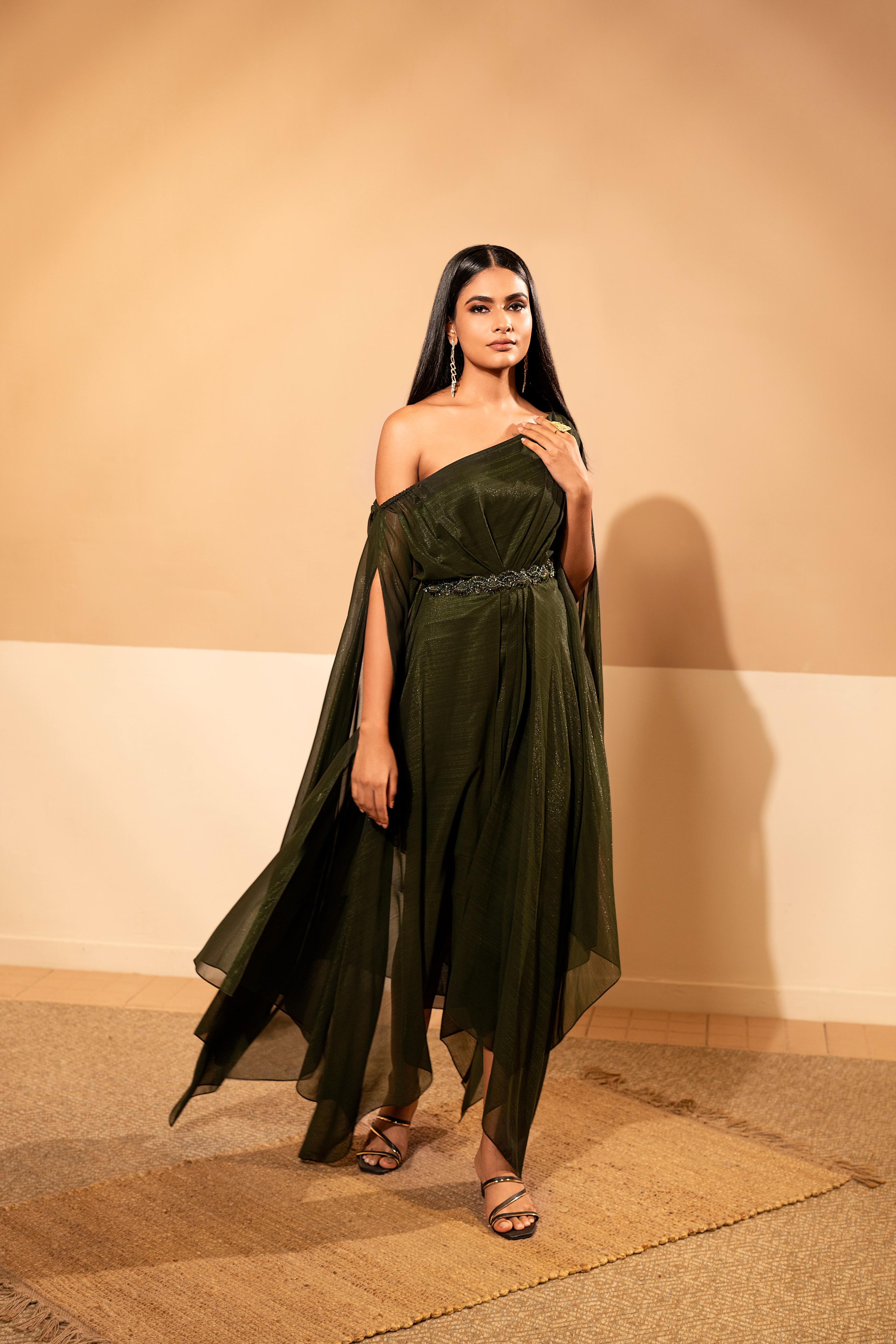 Deep Green Spanish Silk Asymmetrical Dress
