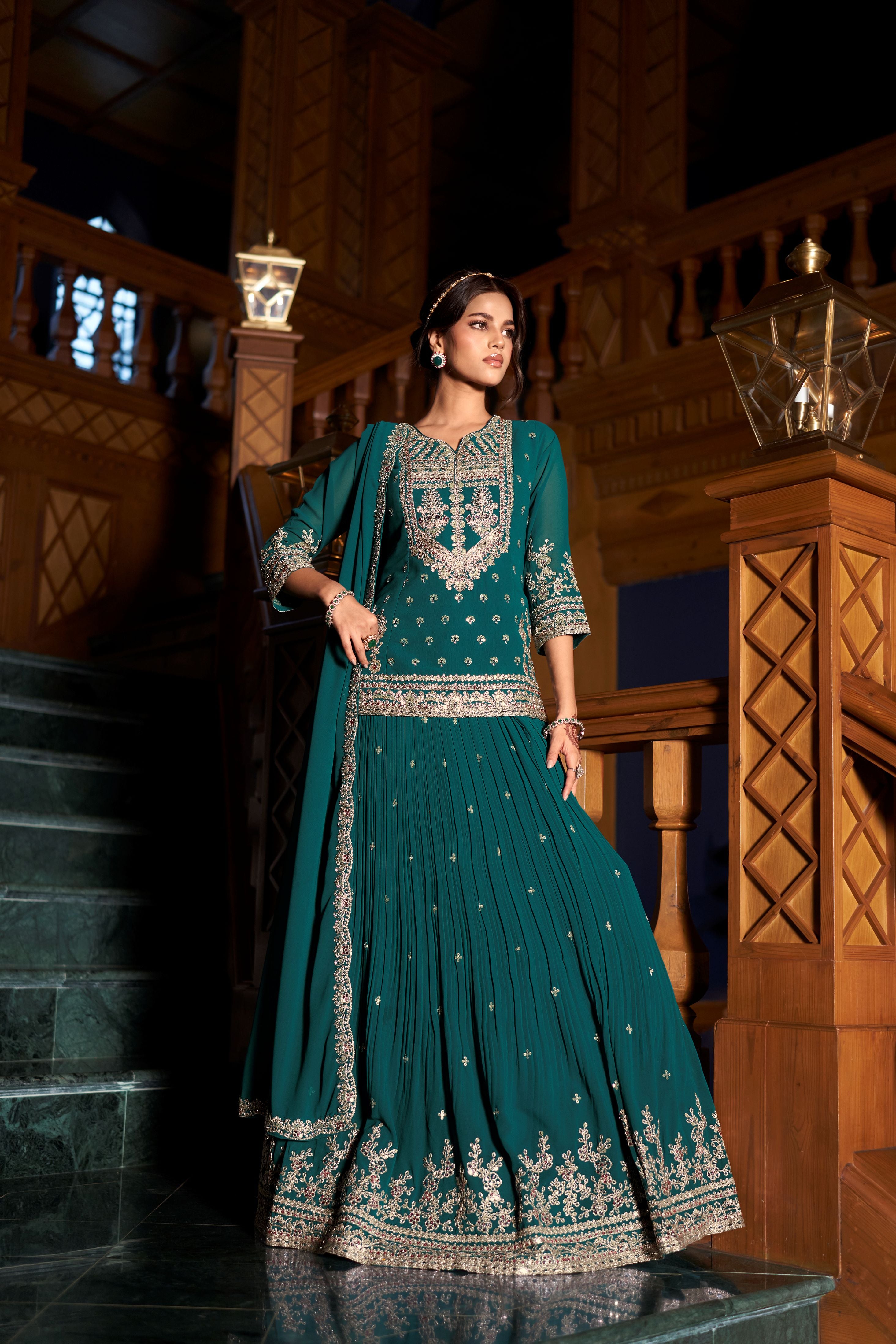 Teal Green Embellished Georgette Silk Skirt Set