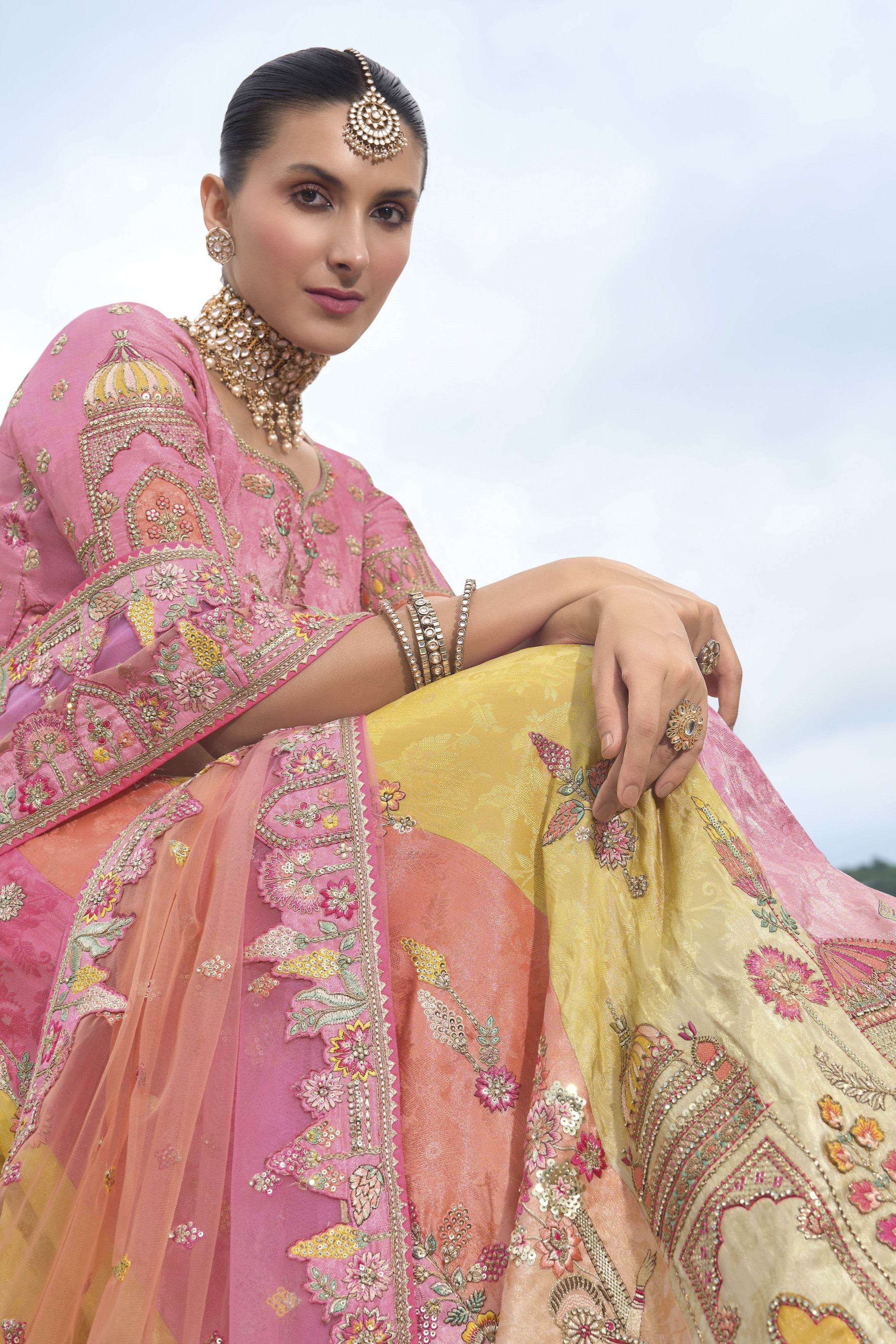 Peach Handwork Premium Tissue Silk Lehenga Set