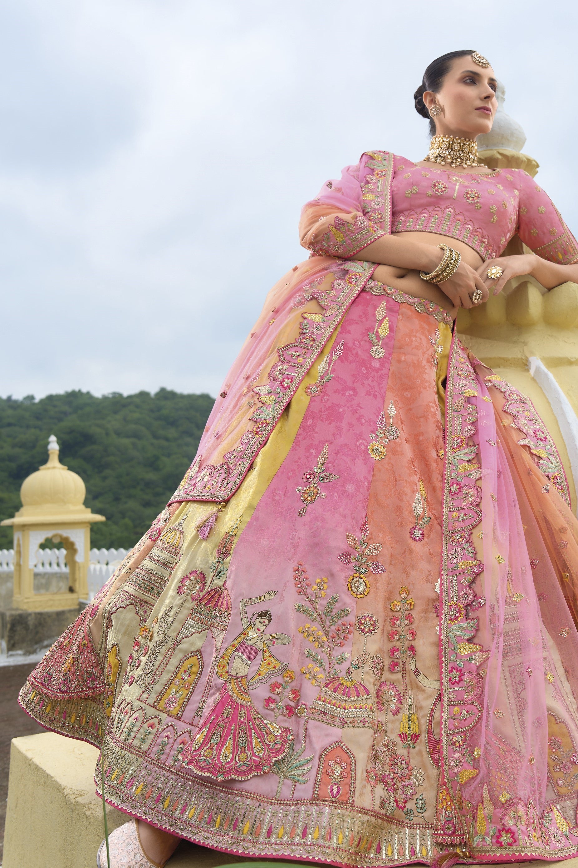 Peach Handwork Premium Tissue Silk Lehenga Set