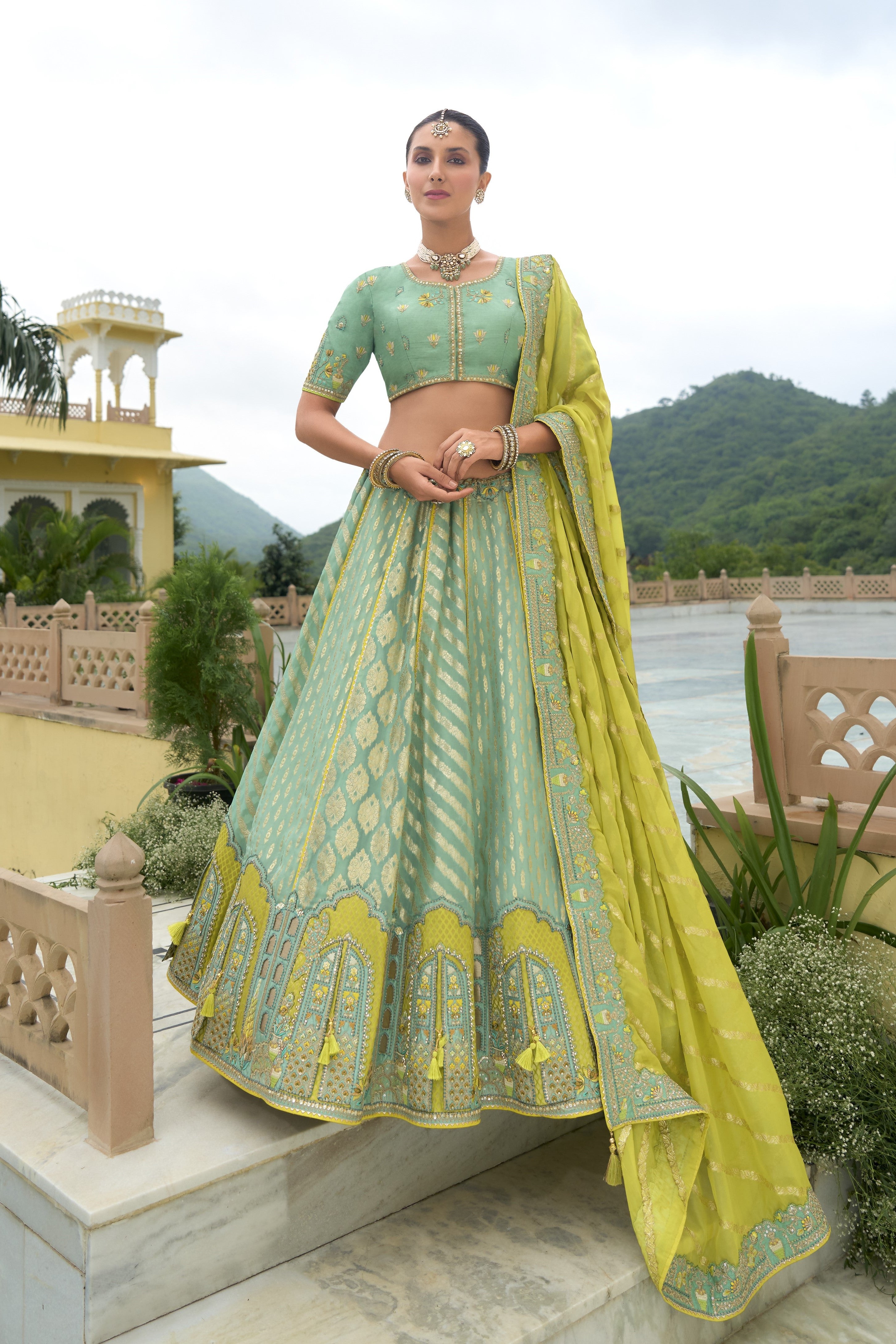 Sage Green Handwork Organza Silk Lehenga Set