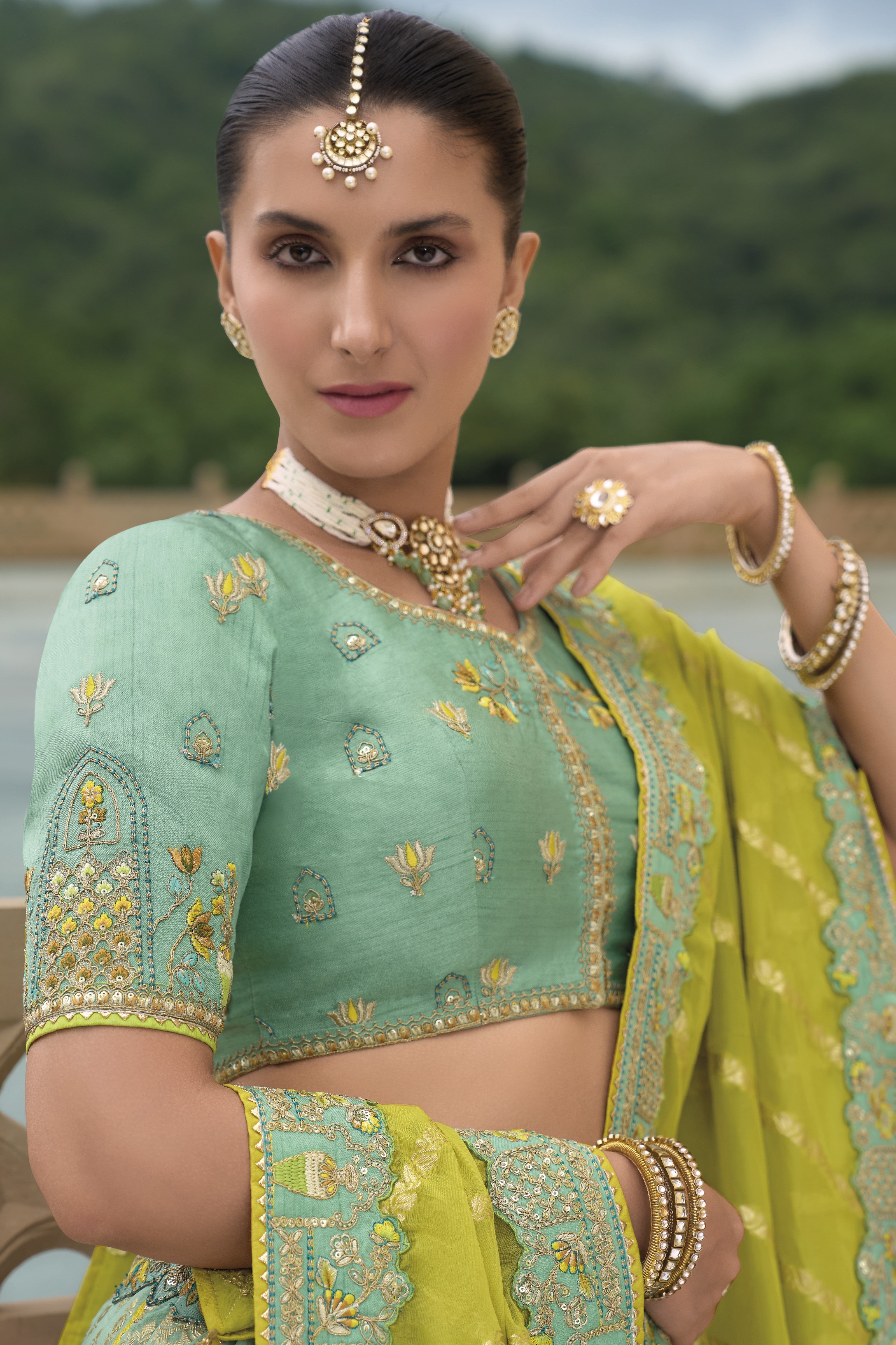 Sage Green Handwork Organza Silk Lehenga Set