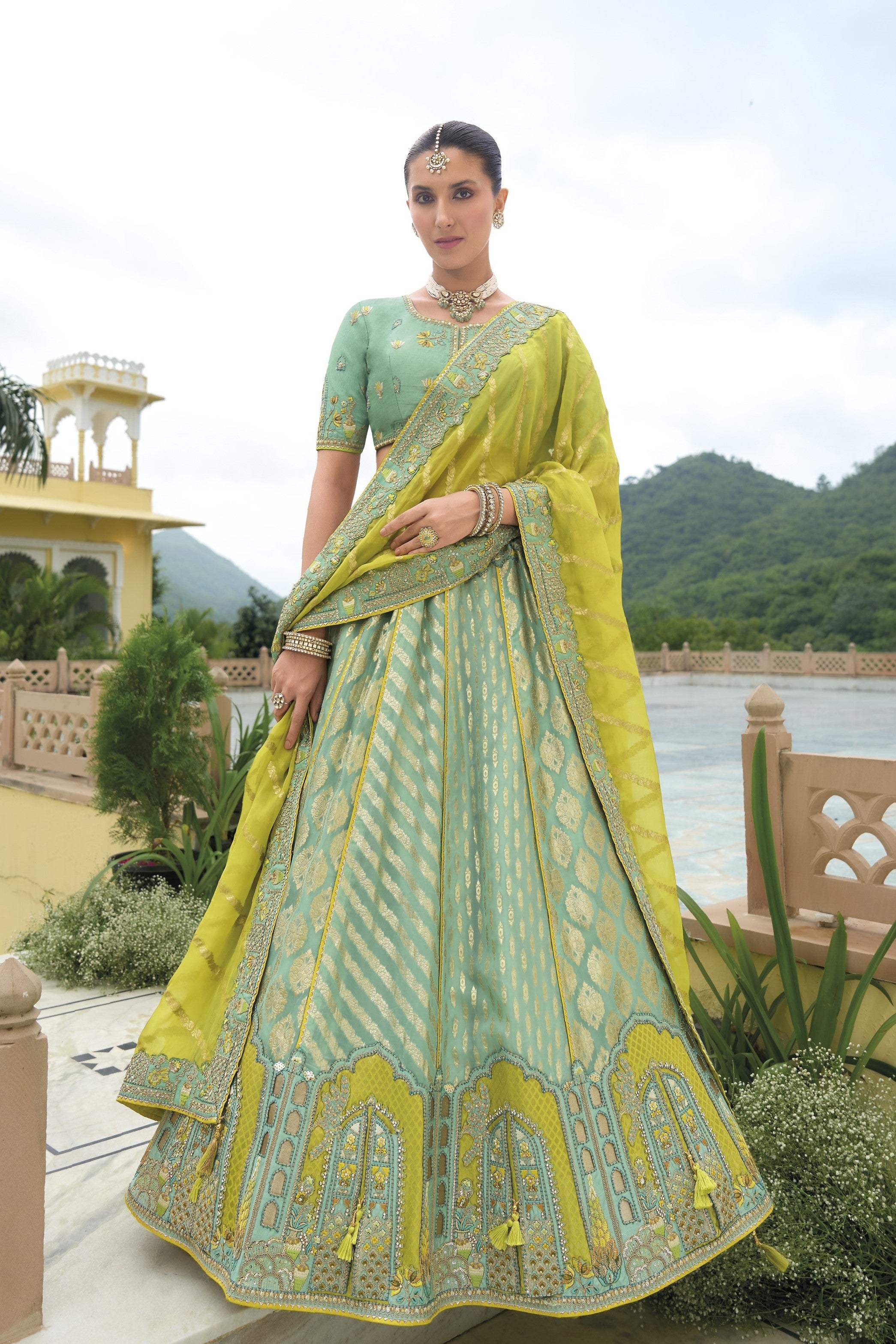 Sage Green Handwork Organza Silk Lehenga Set