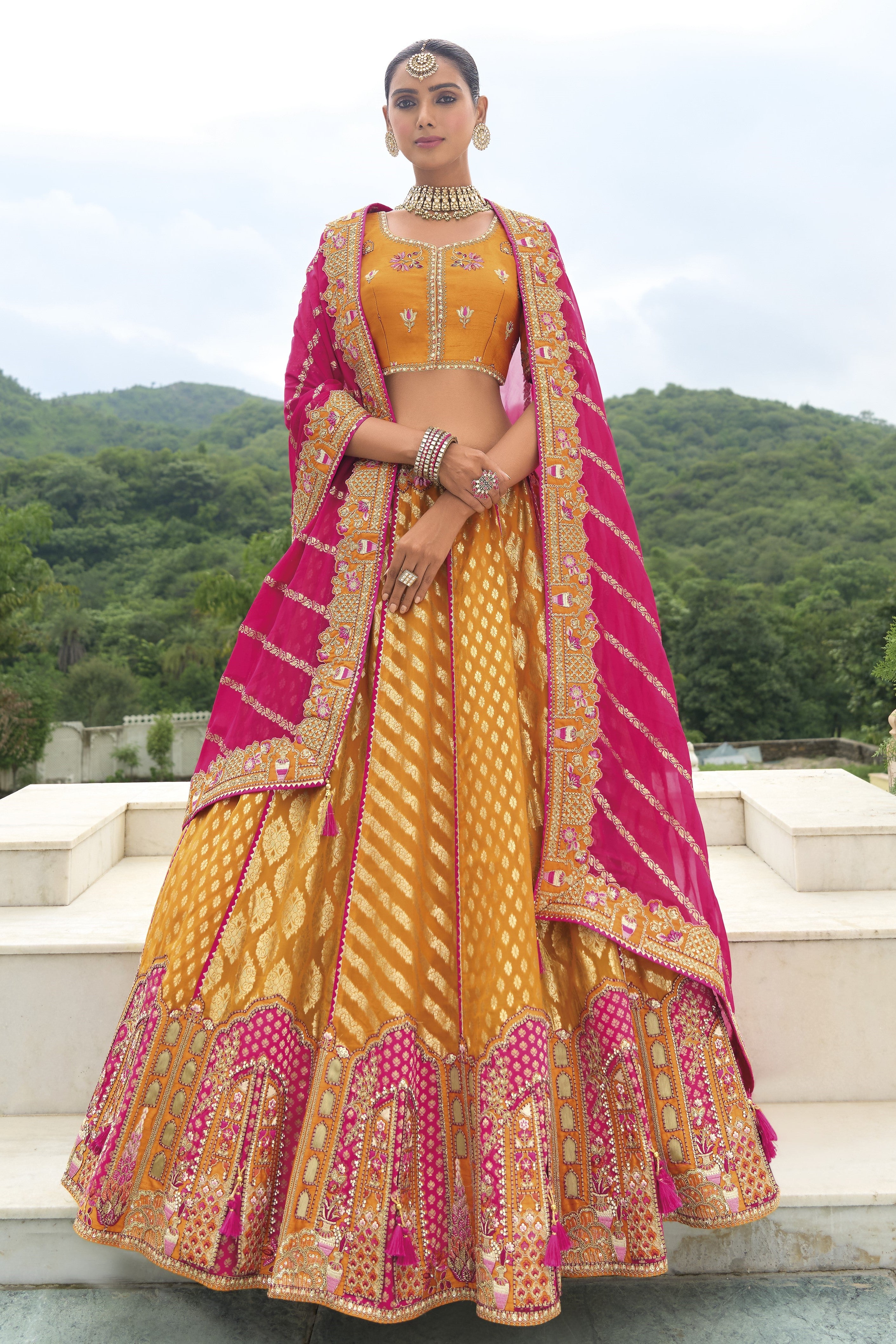 Amber Yellow Handwork Organza Silk Lehenga Set