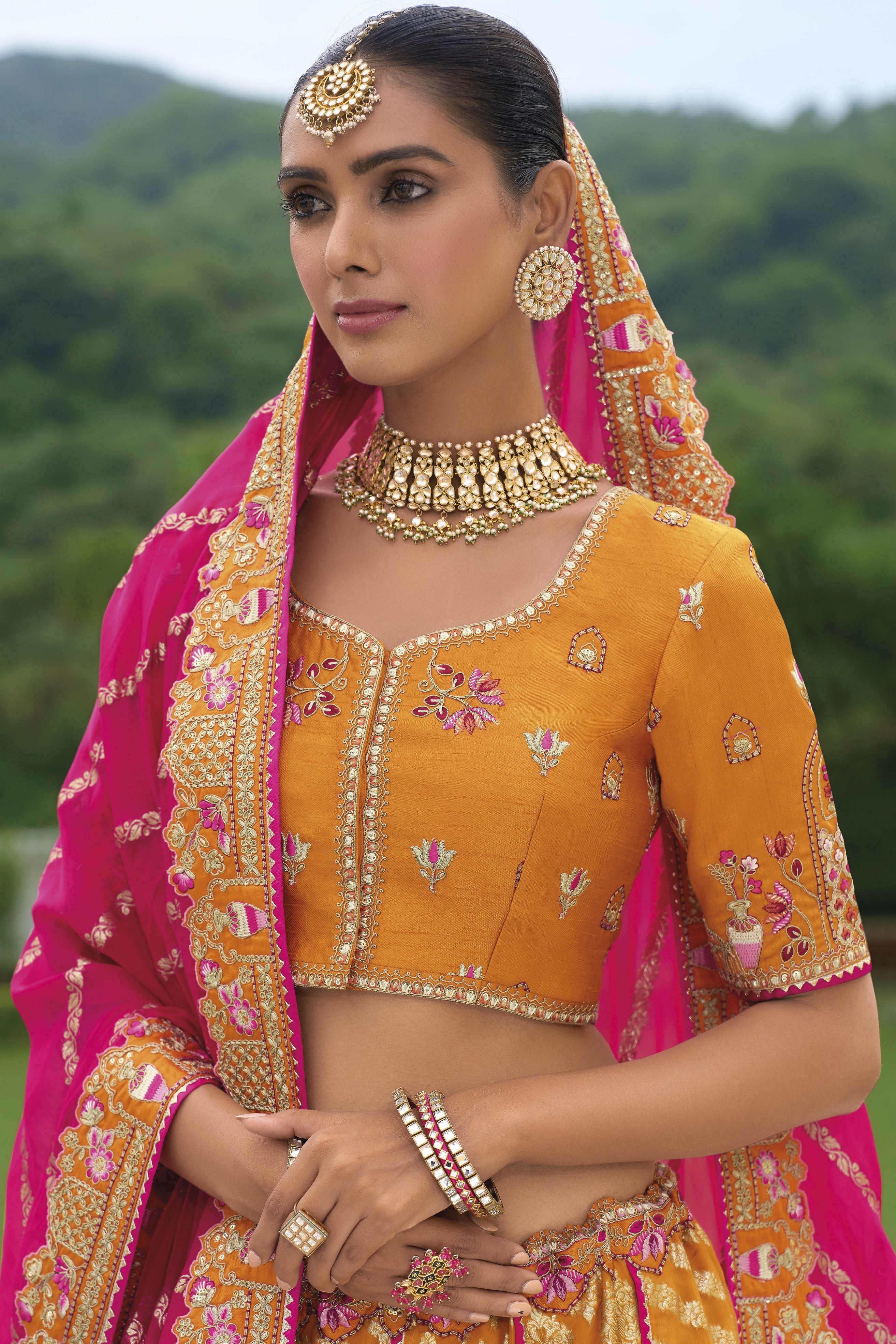 Amber Yellow Handwork Organza Silk Lehenga Set