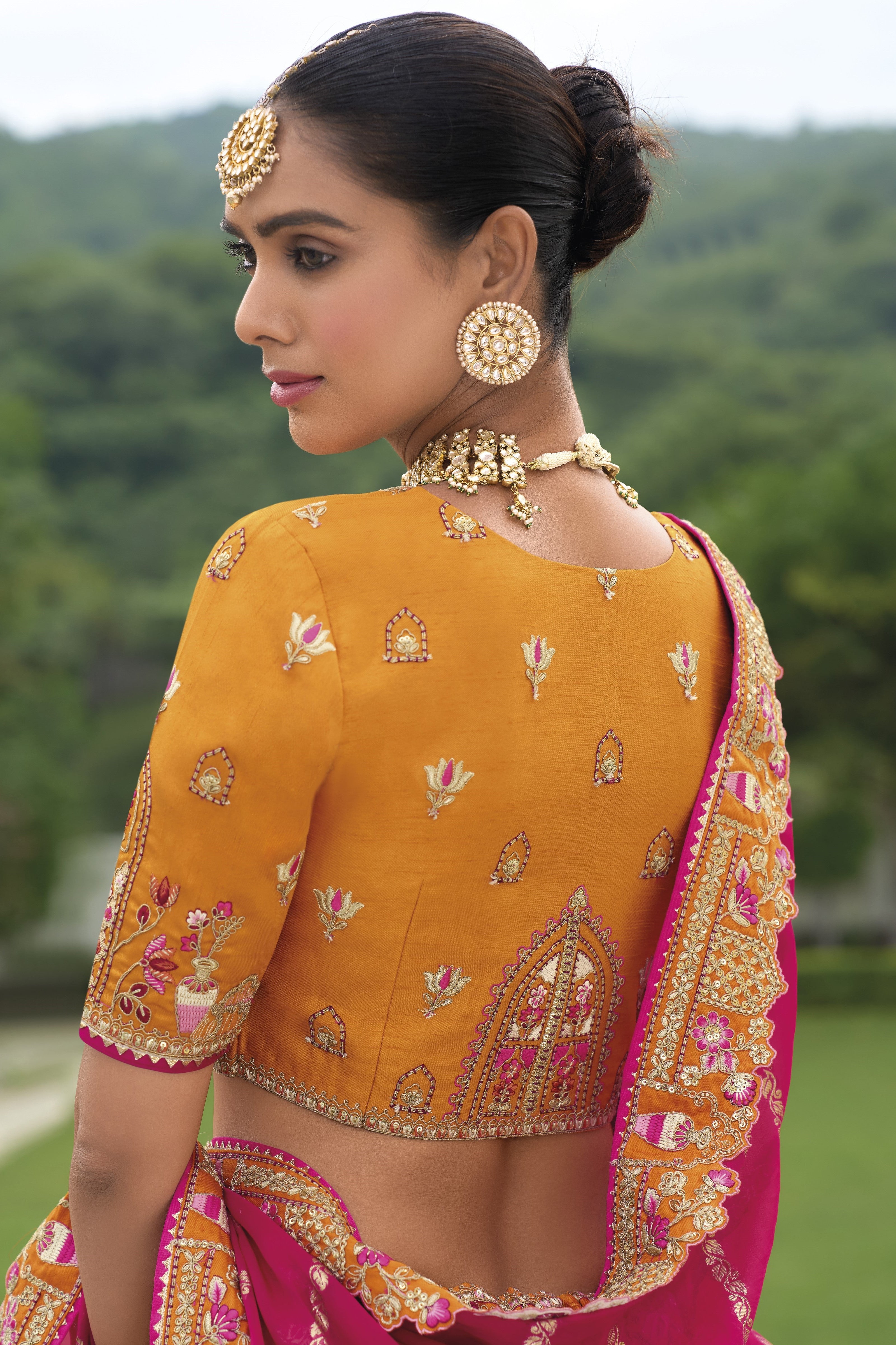 Amber Yellow Handwork Organza Silk Lehenga Set