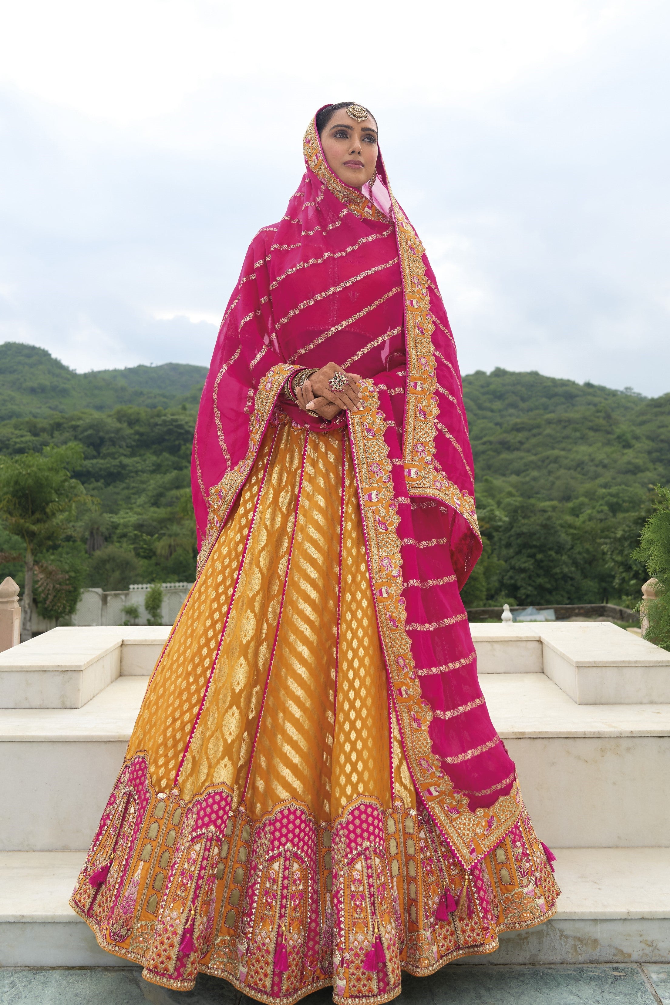 Amber Yellow Handwork Organza Silk Lehenga Set