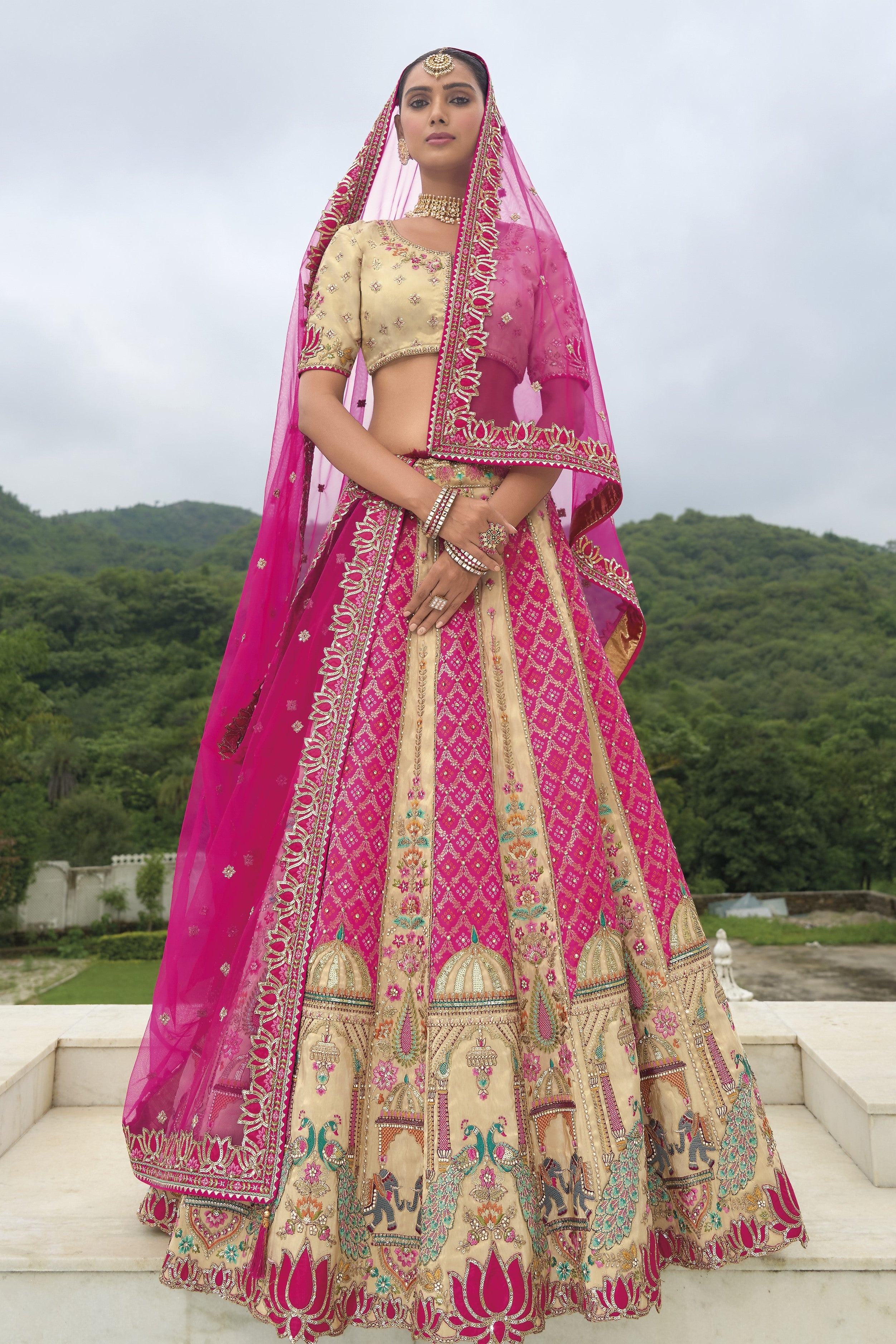 Cream Handwork Kanjivaram Silk Lehenga Set