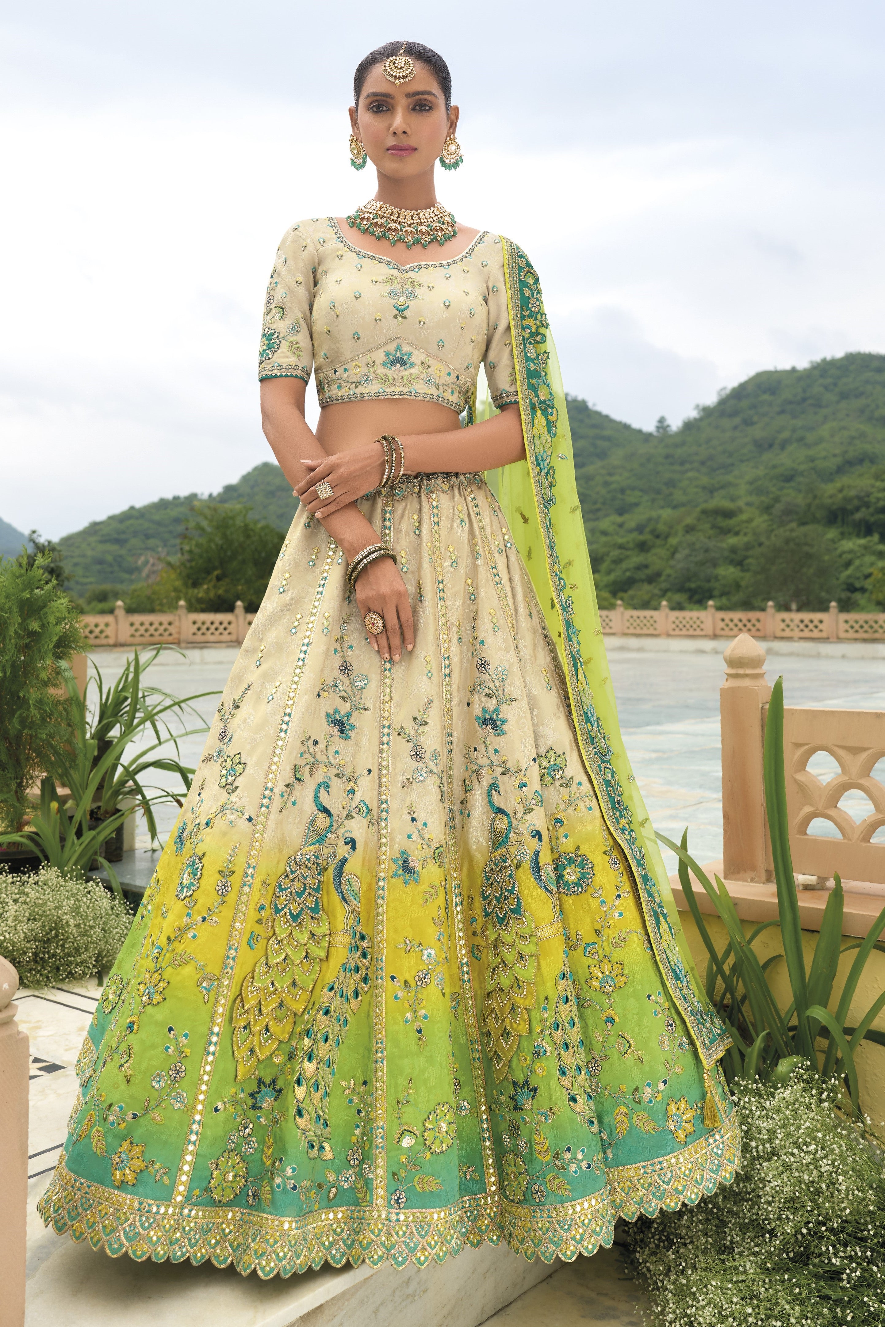 Beige Green Handwork Premium Tissue Silk Lehenga Set