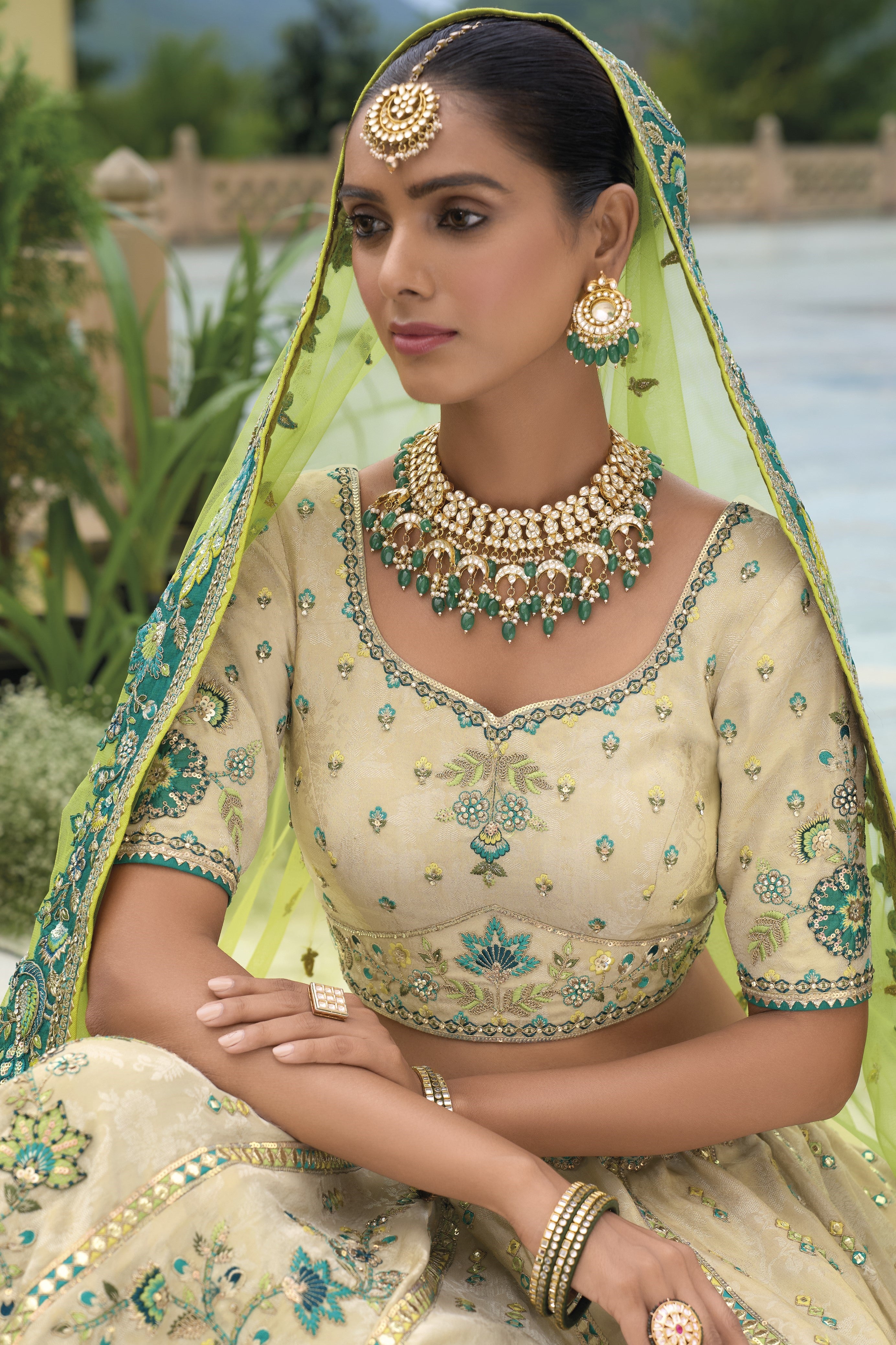 Beige Green Handwork Premium Tissue Silk Lehenga Set