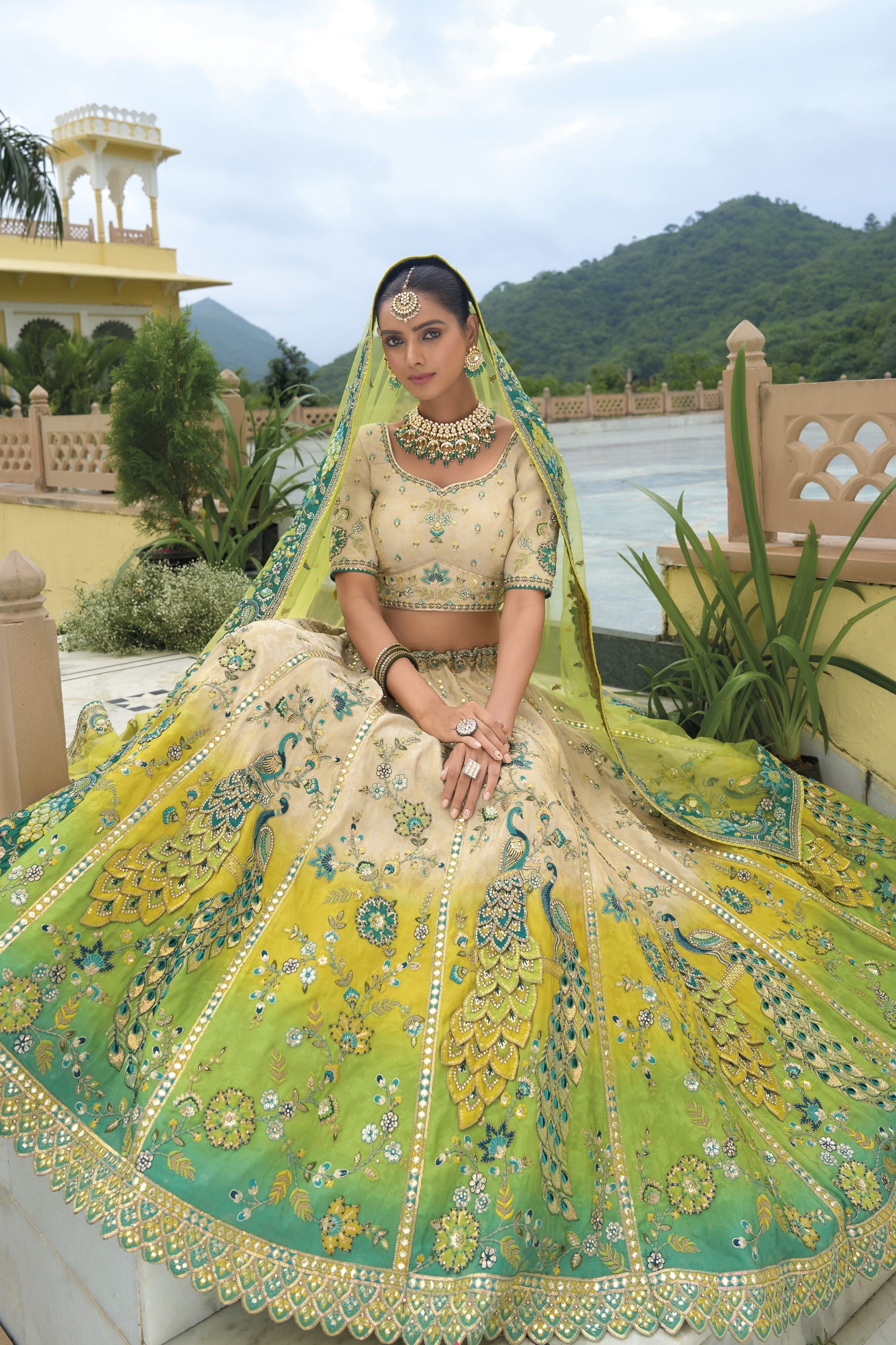 Beige Green Handwork Premium Tissue Silk Lehenga Set