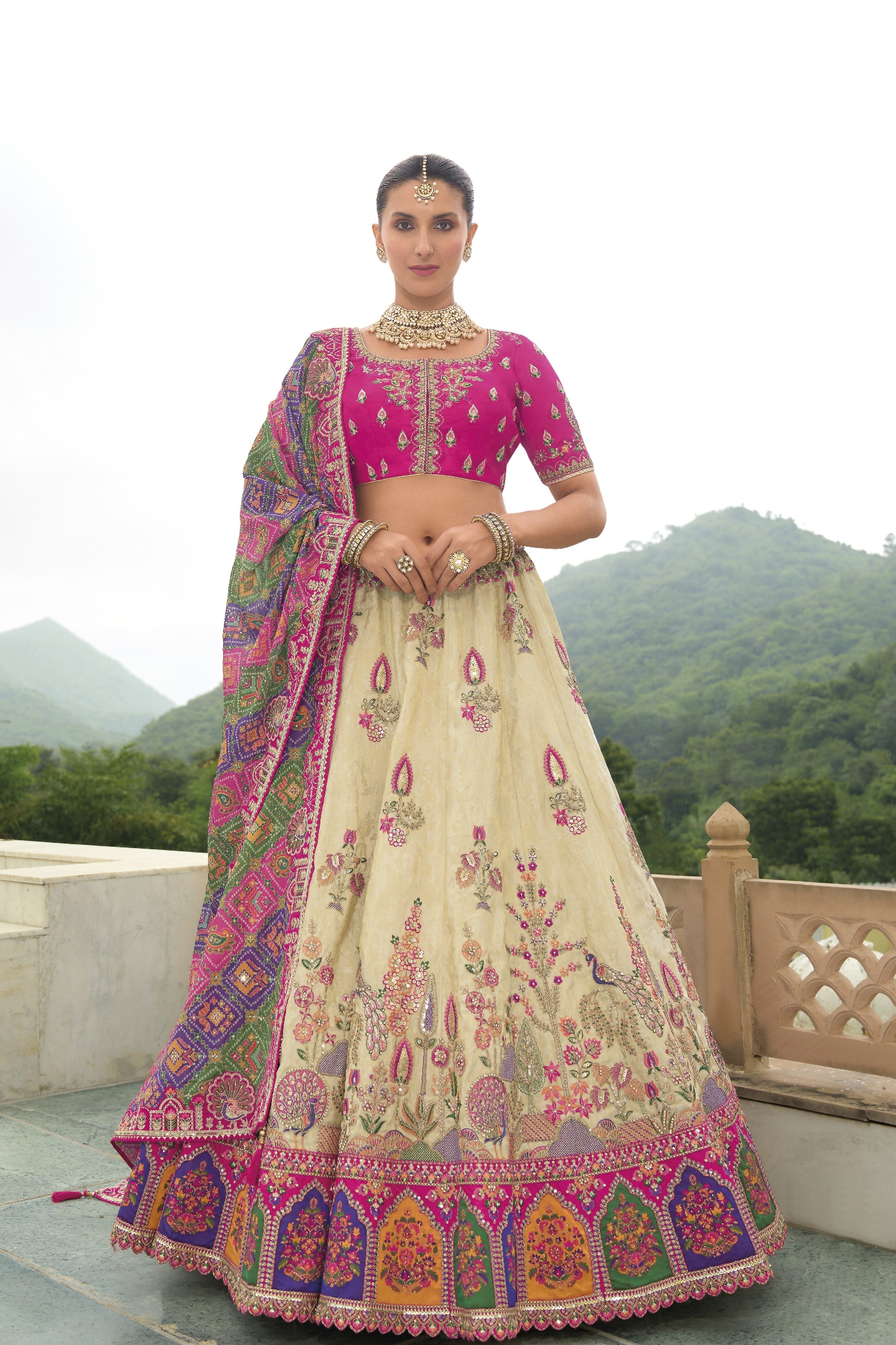 Multicolour Handwork Premium Tissue Silk Lehenga Set