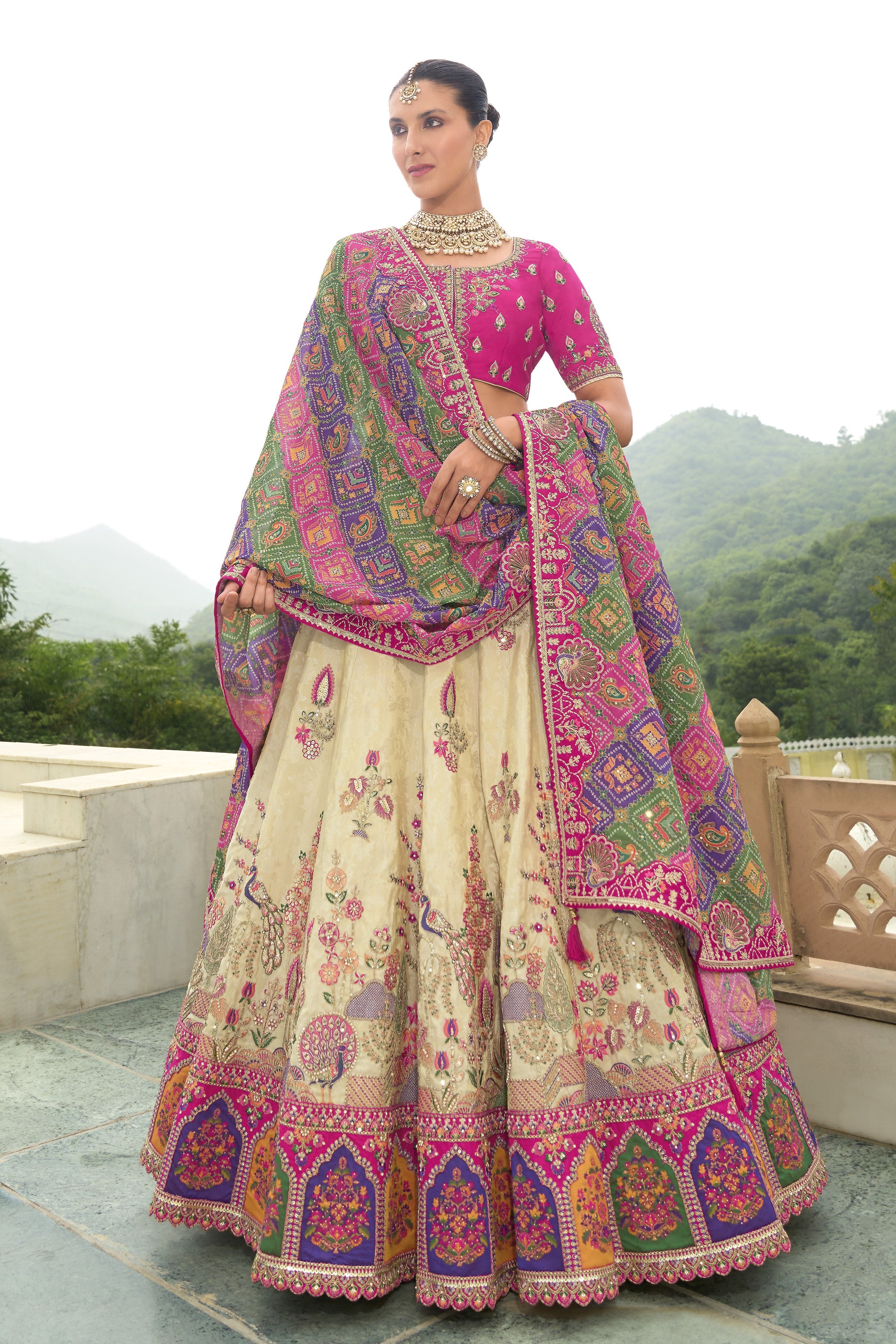 Multicolour Handwork Premium Tissue Silk Lehenga Set