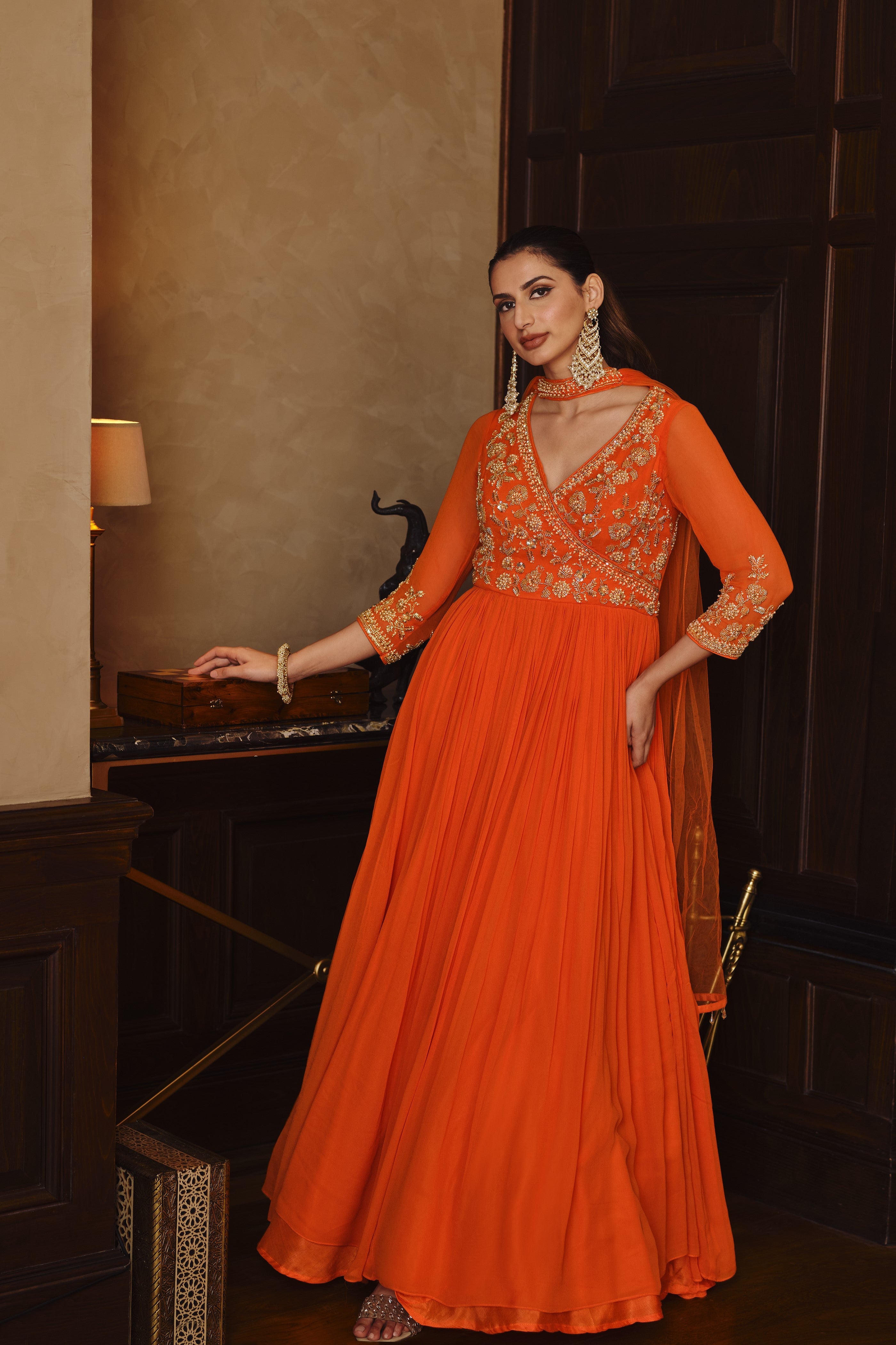 Vibrant Orange Georgette Silk Anarkali Gown