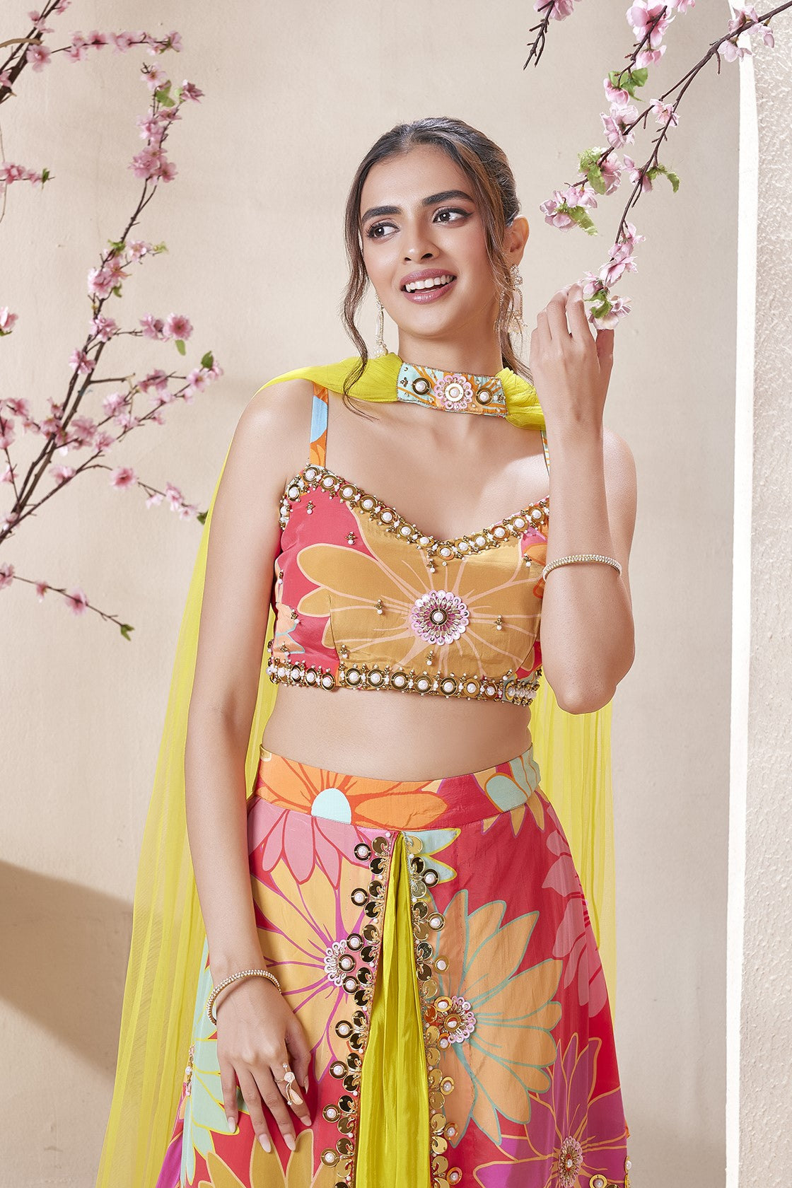 Yellow Floral Printed Crepe Silk Draped Salwar Set