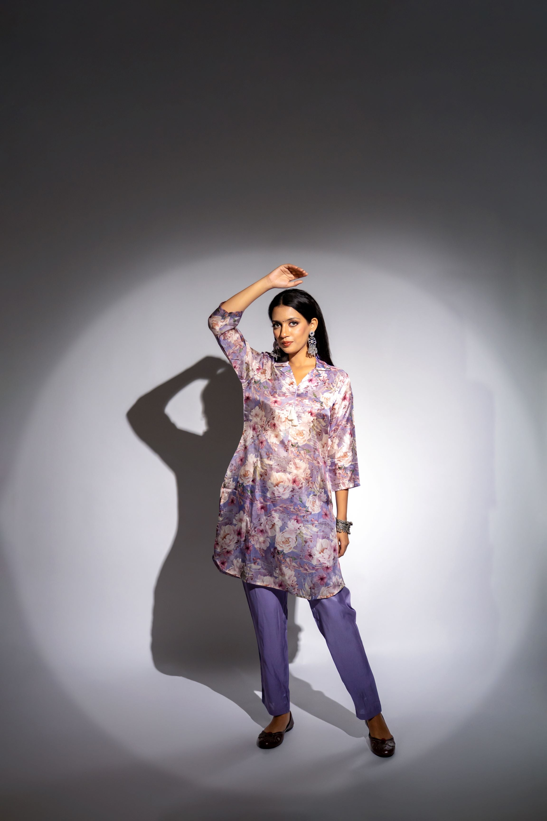 Mauve Floral Printed Italian Paper Silk Co-Ord Set