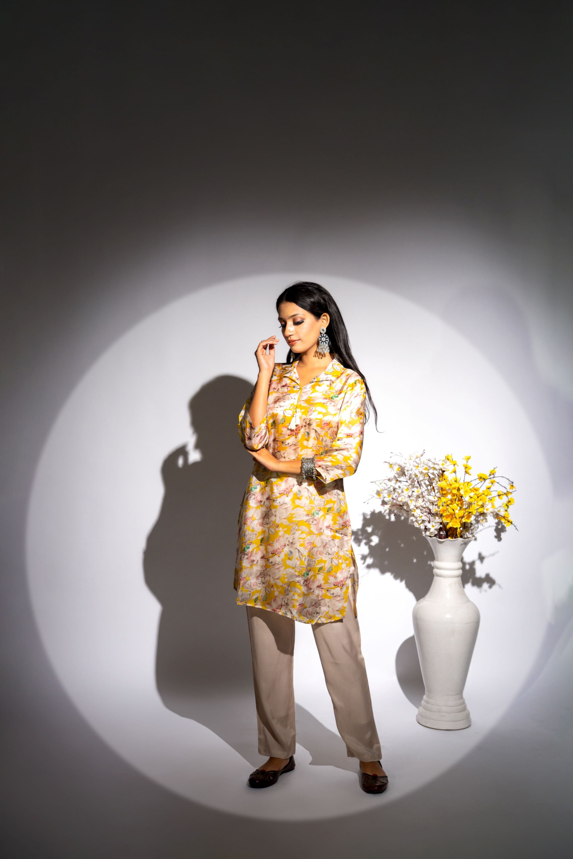 Yellow Floral Printed Italian Paper Silk Co-Ord Set