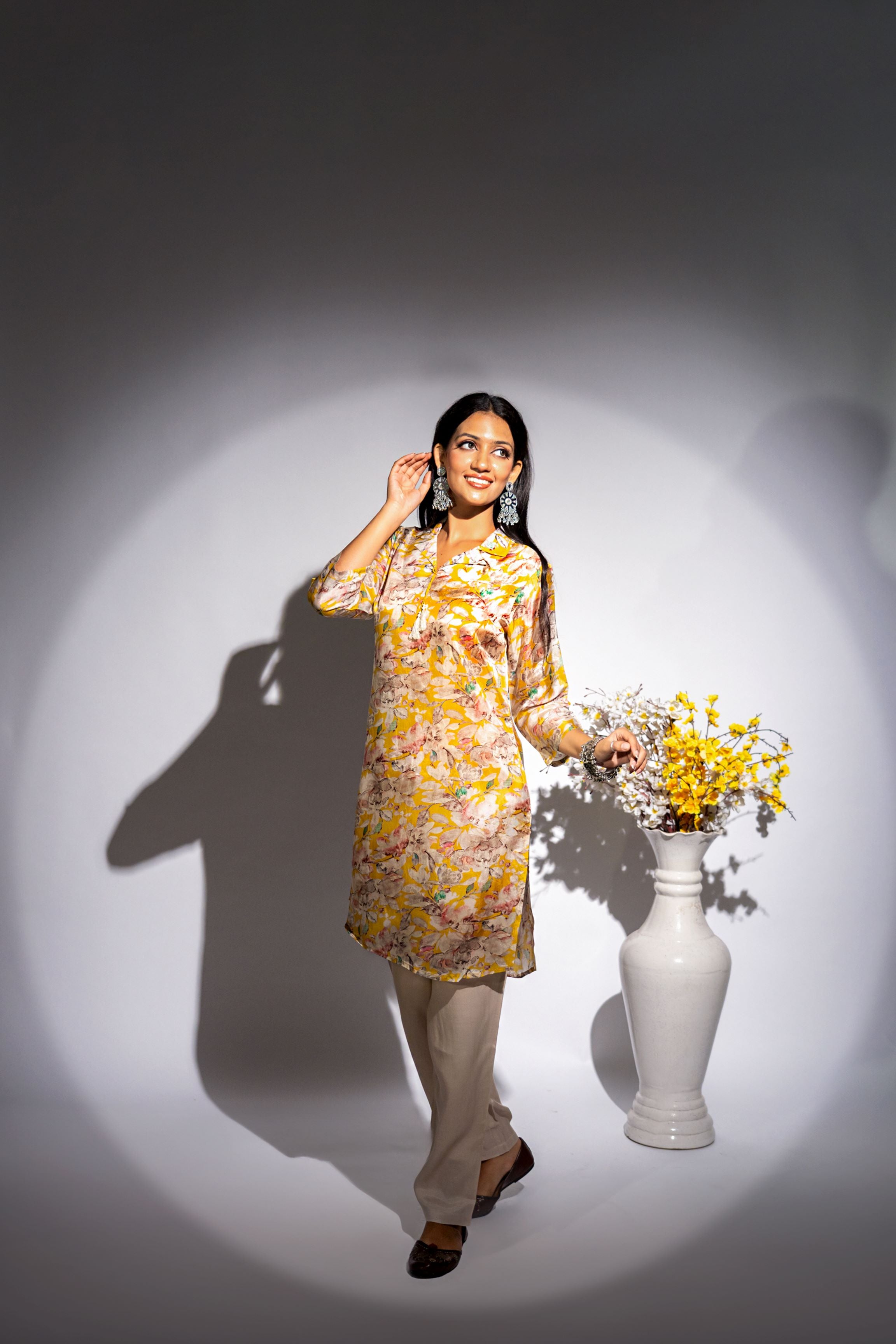 Yellow Floral Printed Italian Paper Silk Co-Ord Set