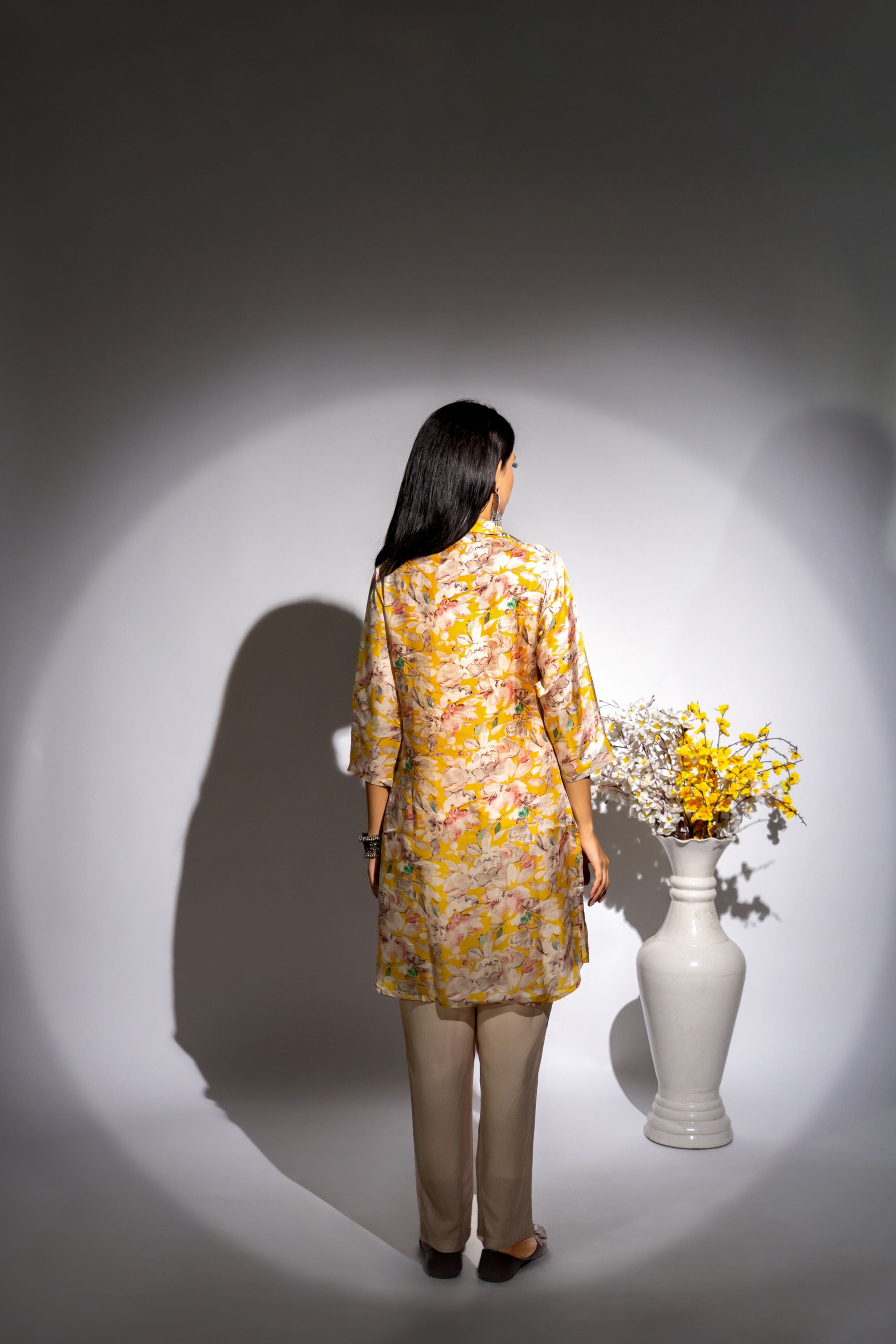 Yellow Floral Printed Italian Paper Silk Co-Ord Set