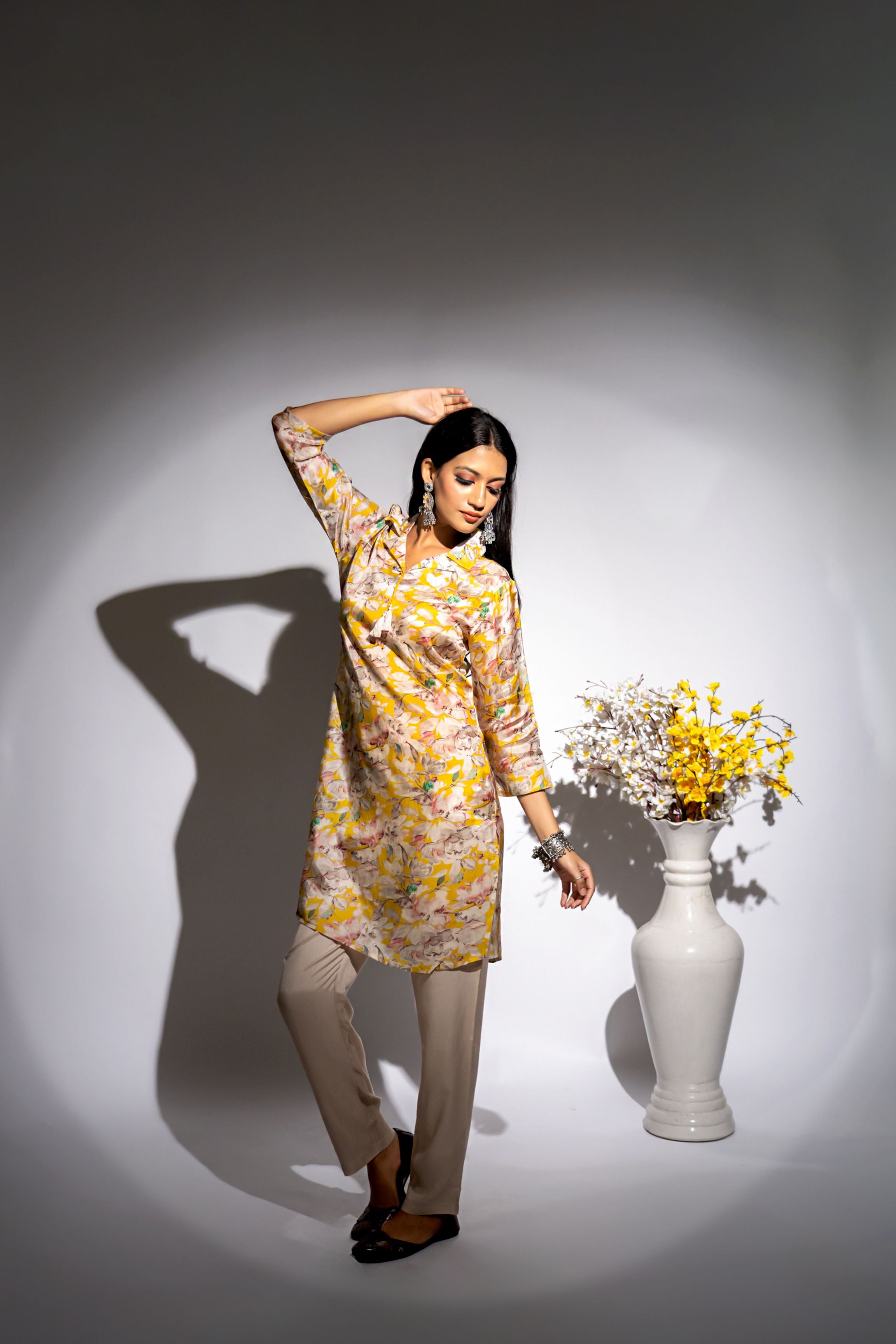 Yellow Floral Printed Italian Paper Silk Co-Ord Set