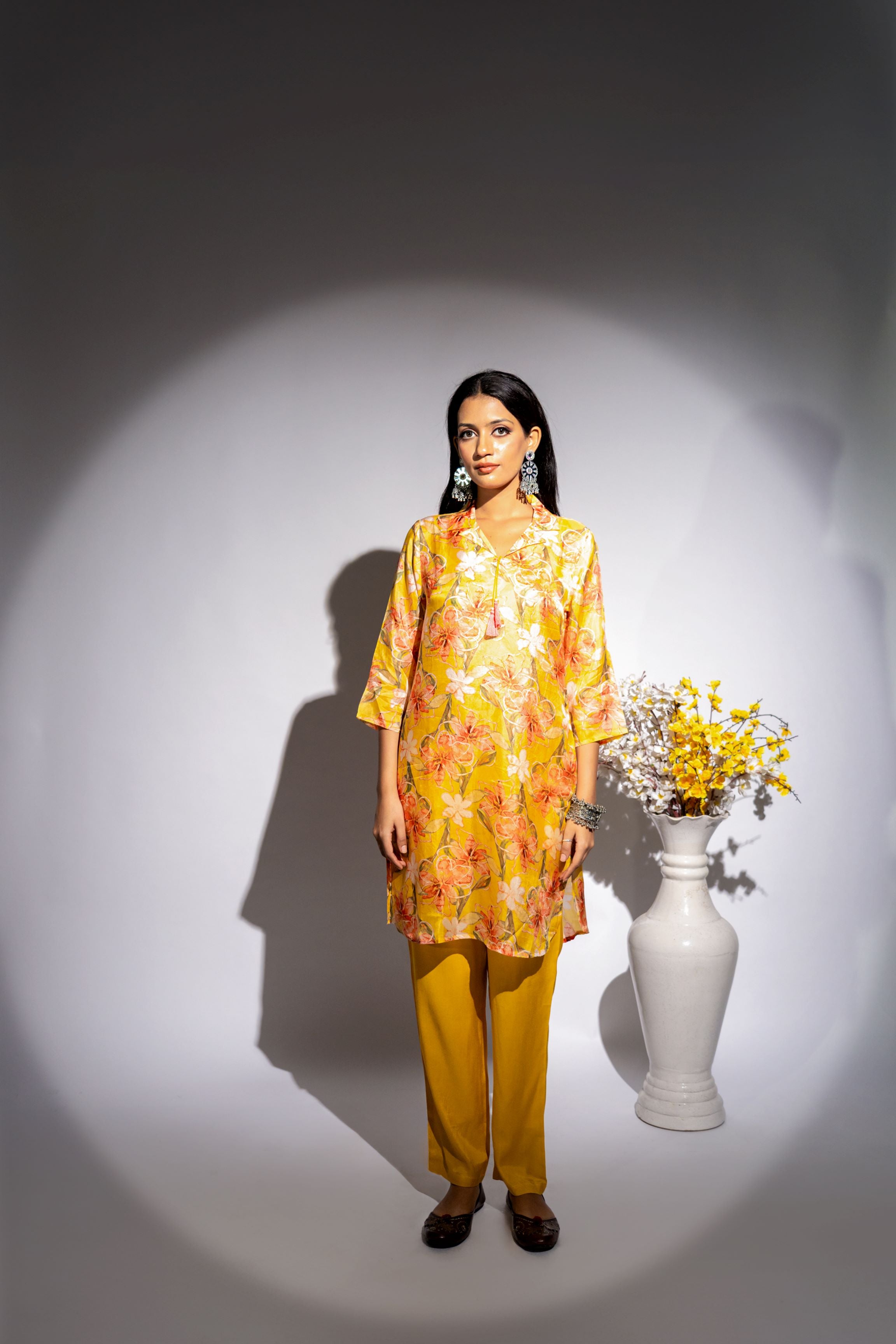 Bright Yellow Floral Printed Italian Paper Silk Co-Ord Set