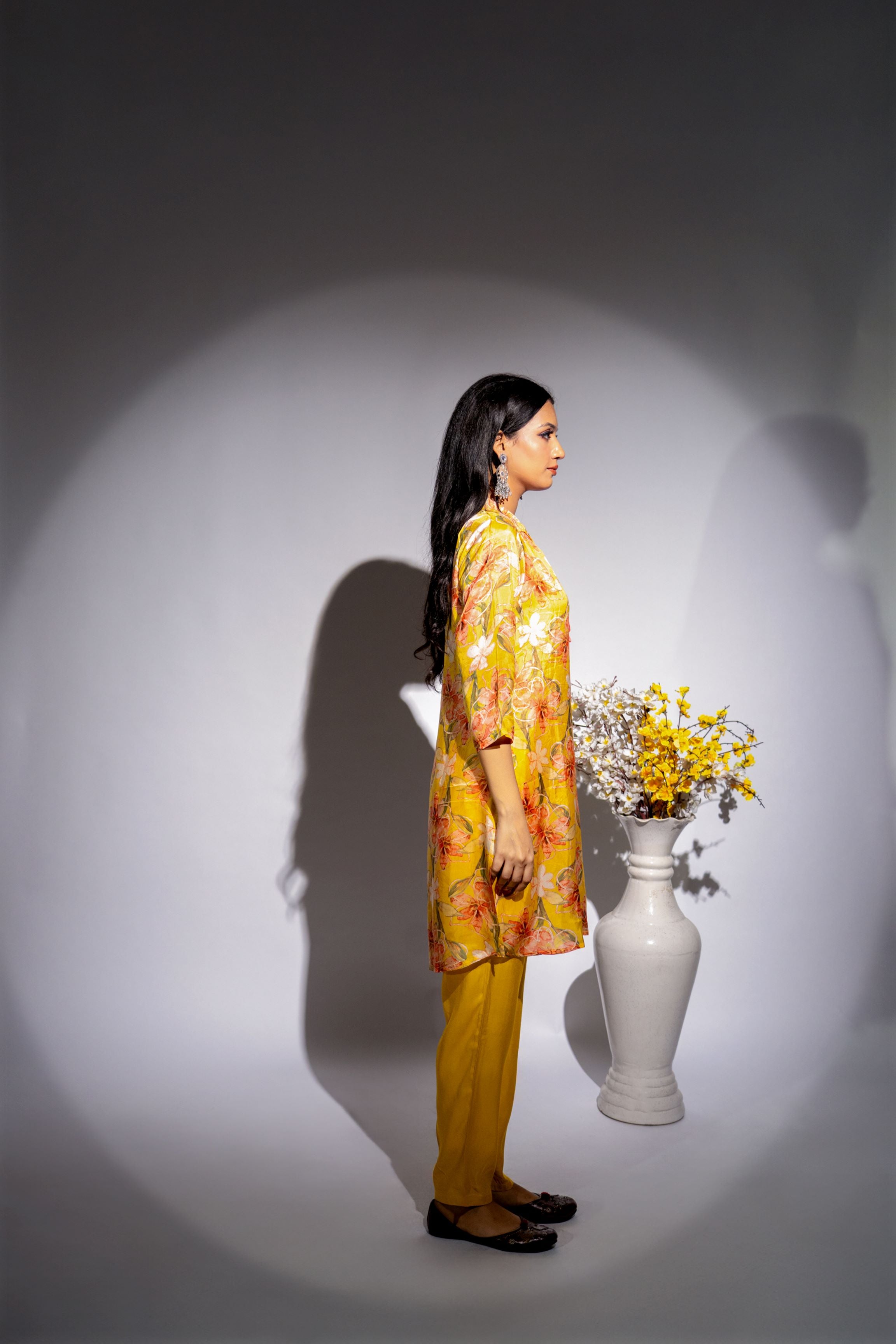 Bright Yellow Floral Printed Italian Paper Silk Co-Ord Set